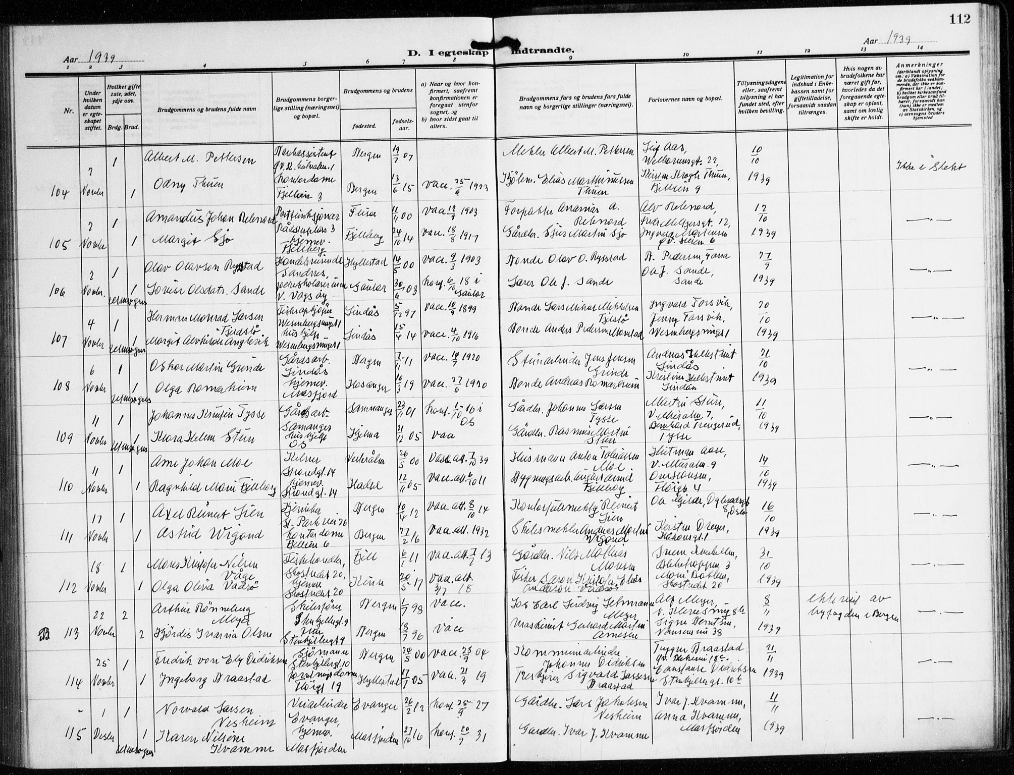 Korskirken sokneprestembete, AV/SAB-A-76101/H/Hab: Parish register (copy) no. D 5, 1926-1944, p. 112