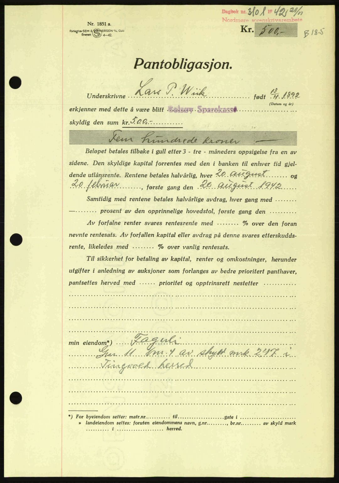 Nordmøre sorenskriveri, AV/SAT-A-4132/1/2/2Ca: Mortgage book no. B90, 1942-1943, Diary no: : 3101/1942