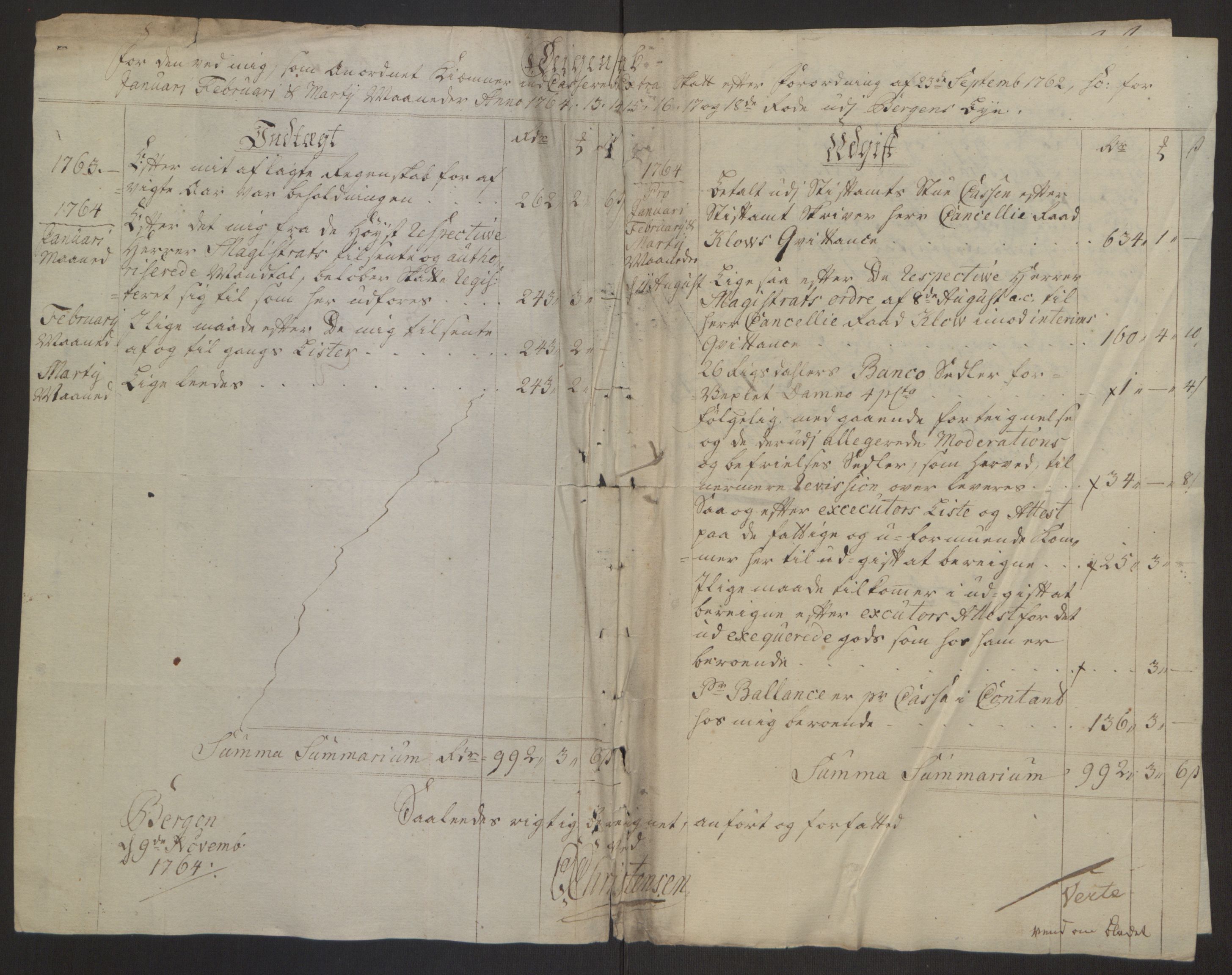 Rentekammeret inntil 1814, Reviderte regnskaper, Byregnskaper, AV/RA-EA-4066/R/Rp/L0368/0001: [P21] Kontribusjonsregnskap / Ekstraskatt, 1764, p. 11