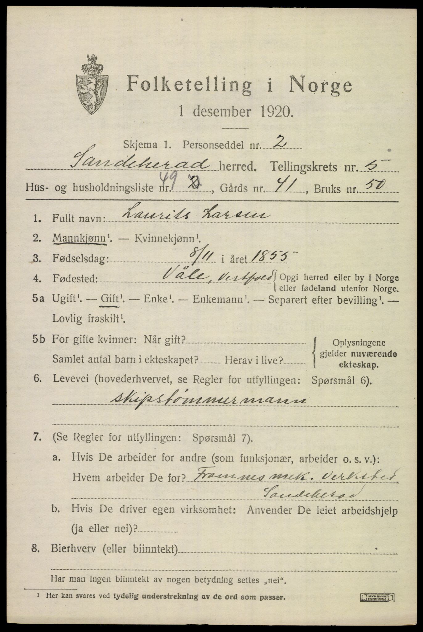 SAKO, 1920 census for Sandeherred, 1920, p. 8636