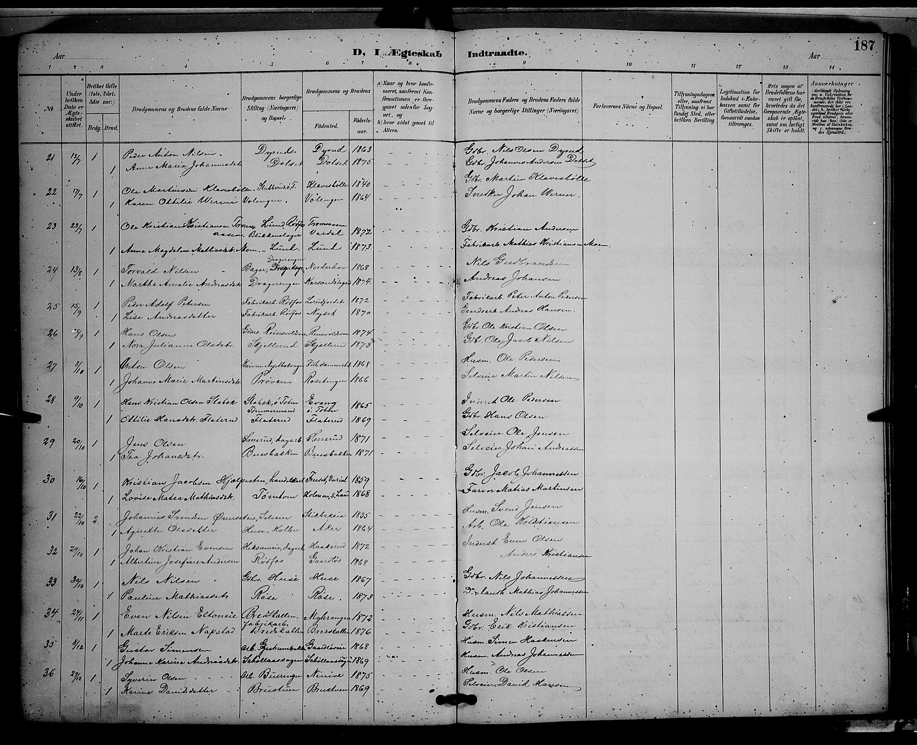 Vestre Toten prestekontor, SAH/PREST-108/H/Ha/Hab/L0009: Parish register (copy) no. 9, 1888-1900, p. 187