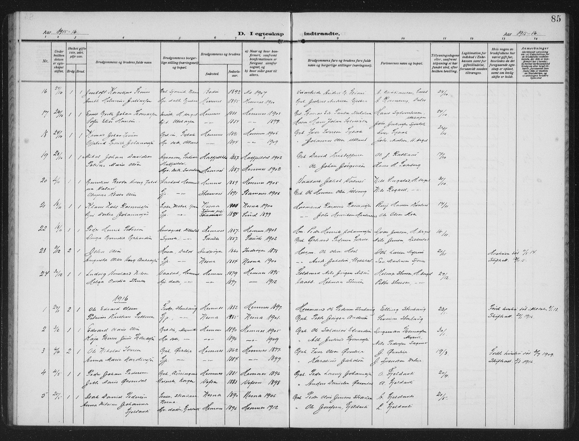 Ministerialprotokoller, klokkerbøker og fødselsregistre - Nordland, SAT/A-1459/825/L0371: Parish register (copy) no. 825C08, 1907-1940, p. 85