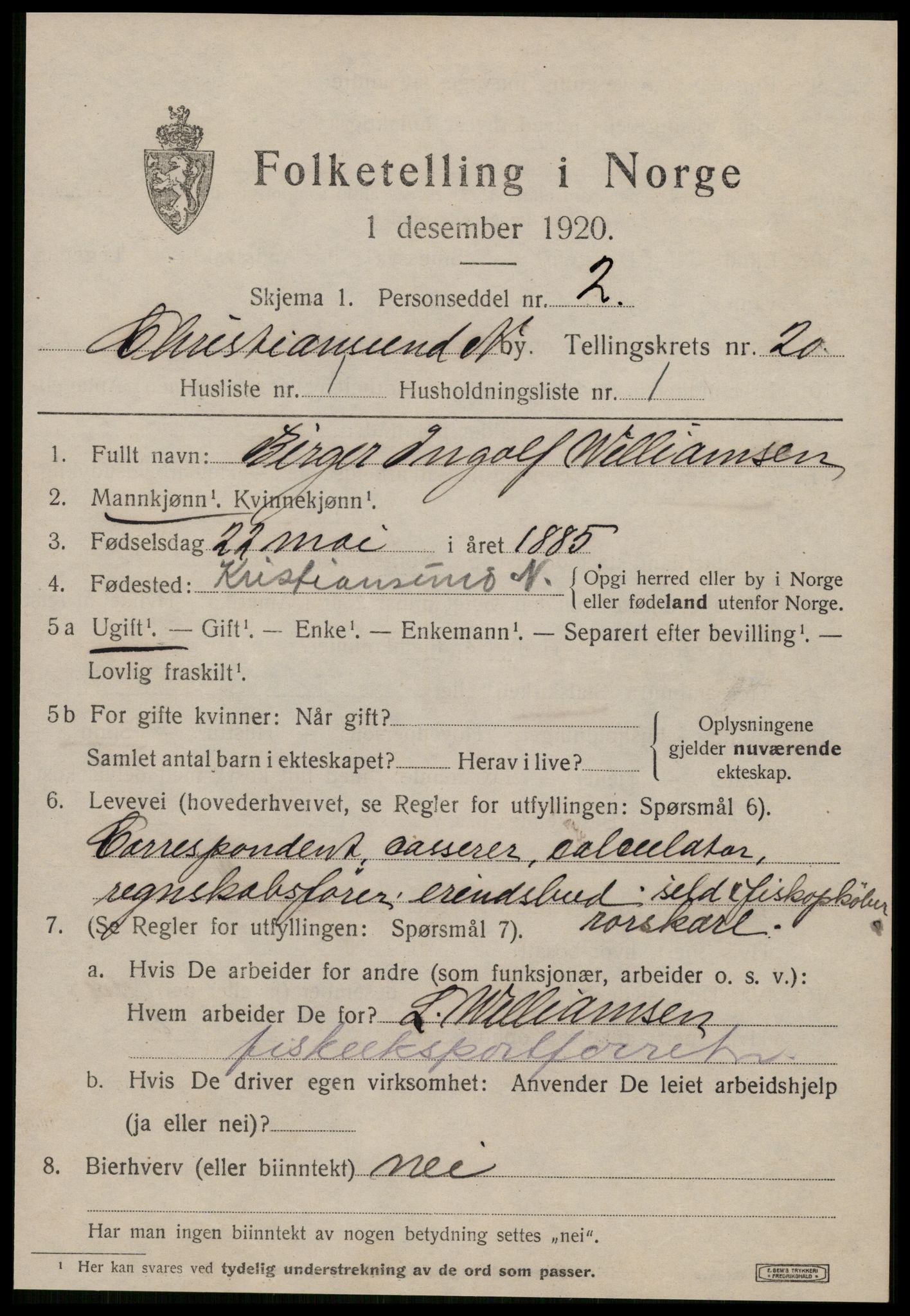 SAT, 1920 census for Kristiansund, 1920, p. 40483