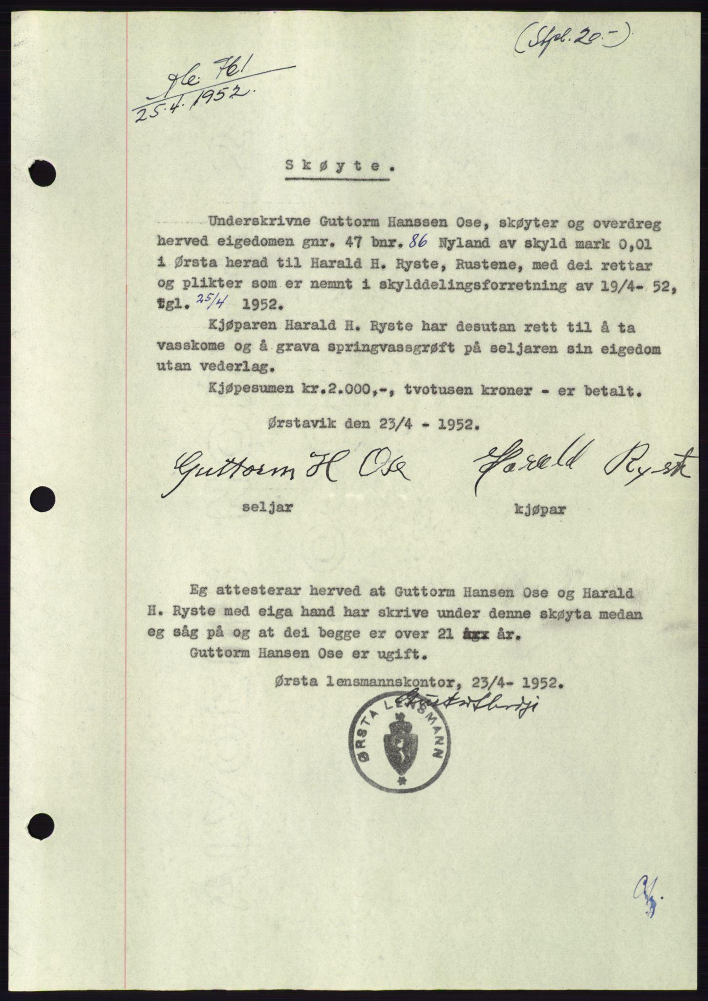 Søre Sunnmøre sorenskriveri, AV/SAT-A-4122/1/2/2C/L0092: Mortgage book no. 18A, 1952-1952, Diary no: : 761/1952