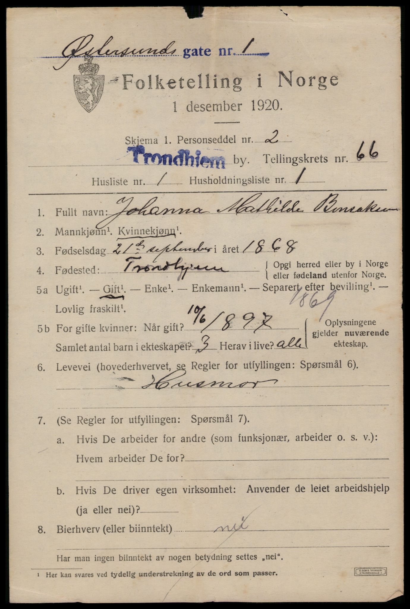 SAT, 1920 census for Trondheim, 1920, p. 130180