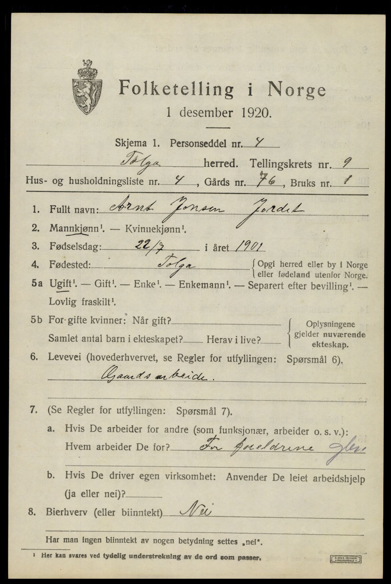 SAH, 1920 census for Tolga, 1920, p. 4727