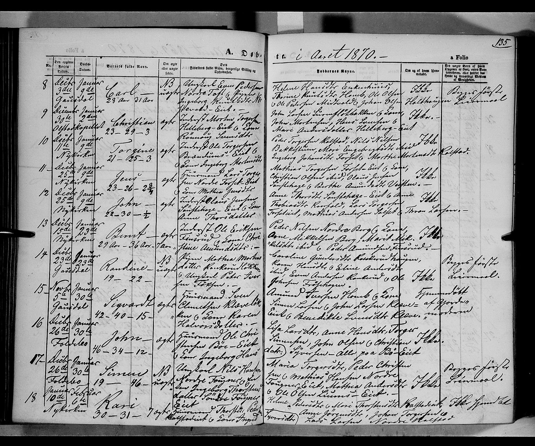 Gausdal prestekontor, SAH/PREST-090/H/Ha/Haa/L0009: Parish register (official) no. 9, 1862-1873, p. 135