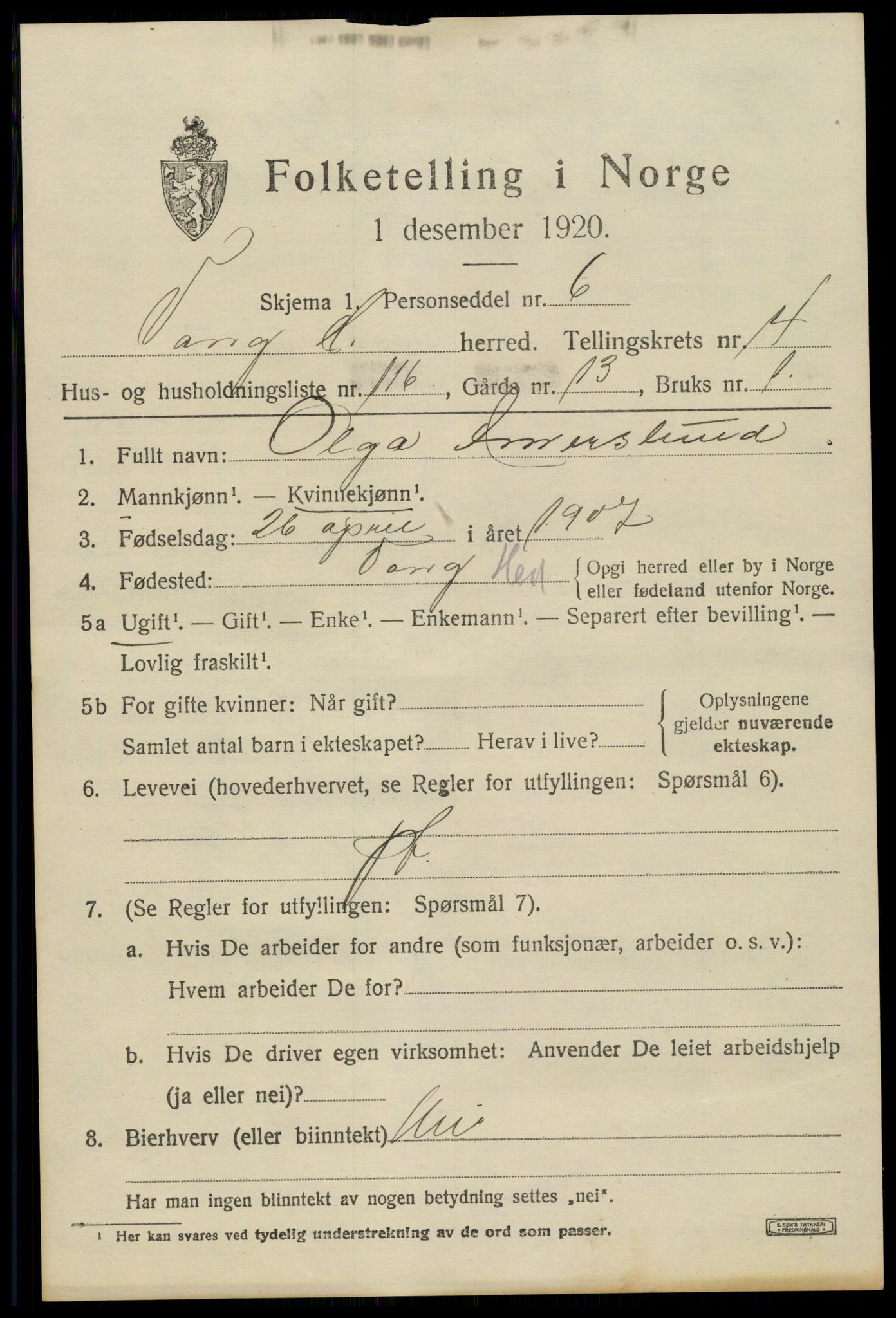 SAH, 1920 census for Vang (Hedmark), 1920, p. 13813