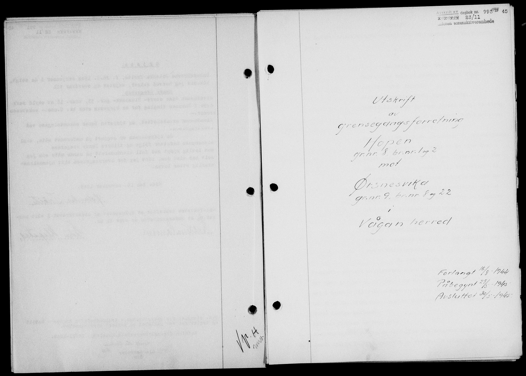 Lofoten sorenskriveri, SAT/A-0017/1/2/2C/L0013a: Mortgage book no. 13a, 1944-1946, Diary no: : 993/1945