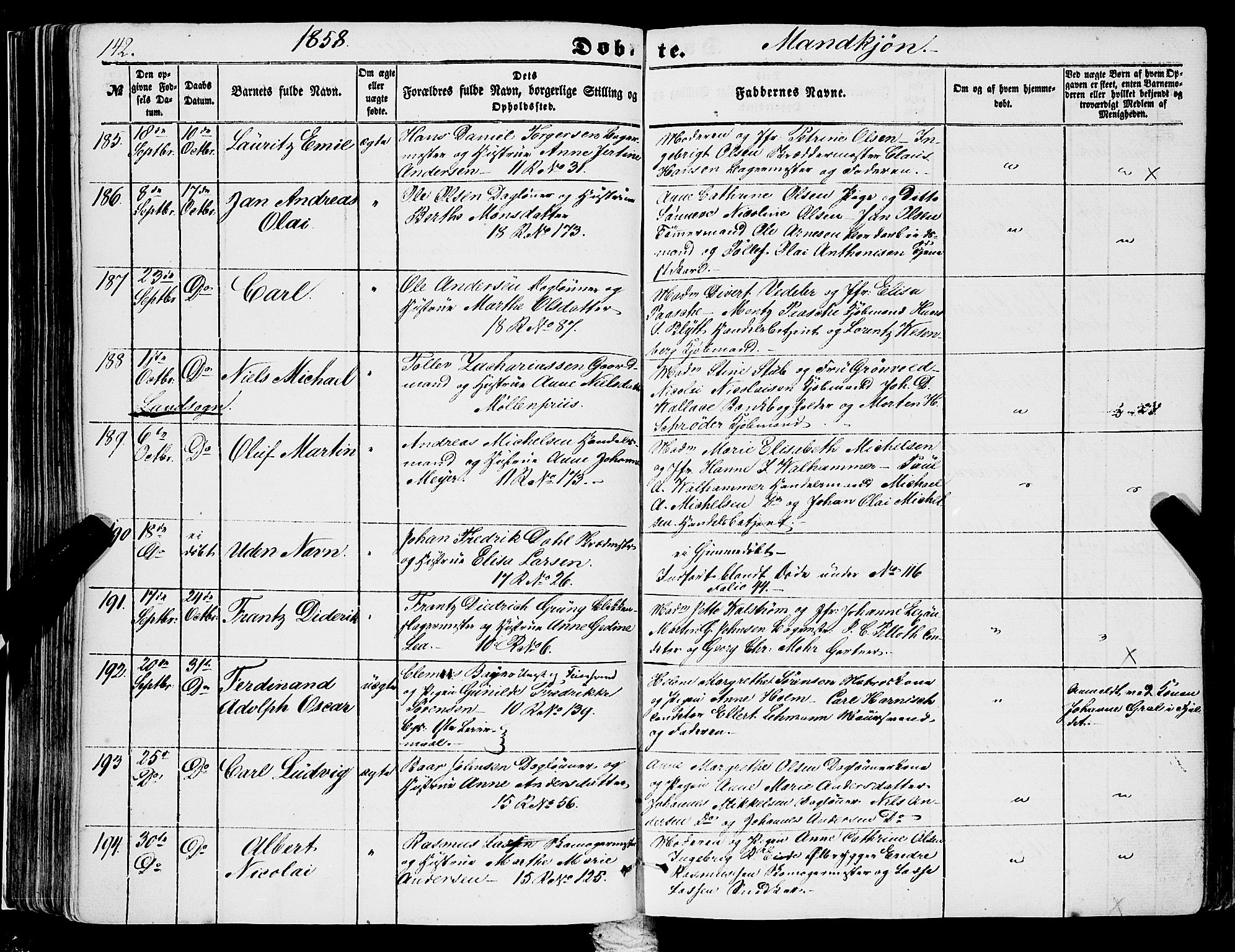 Domkirken sokneprestembete, AV/SAB-A-74801/H/Haa/L0020: Parish register (official) no. B 3, 1851-1859, p. 142