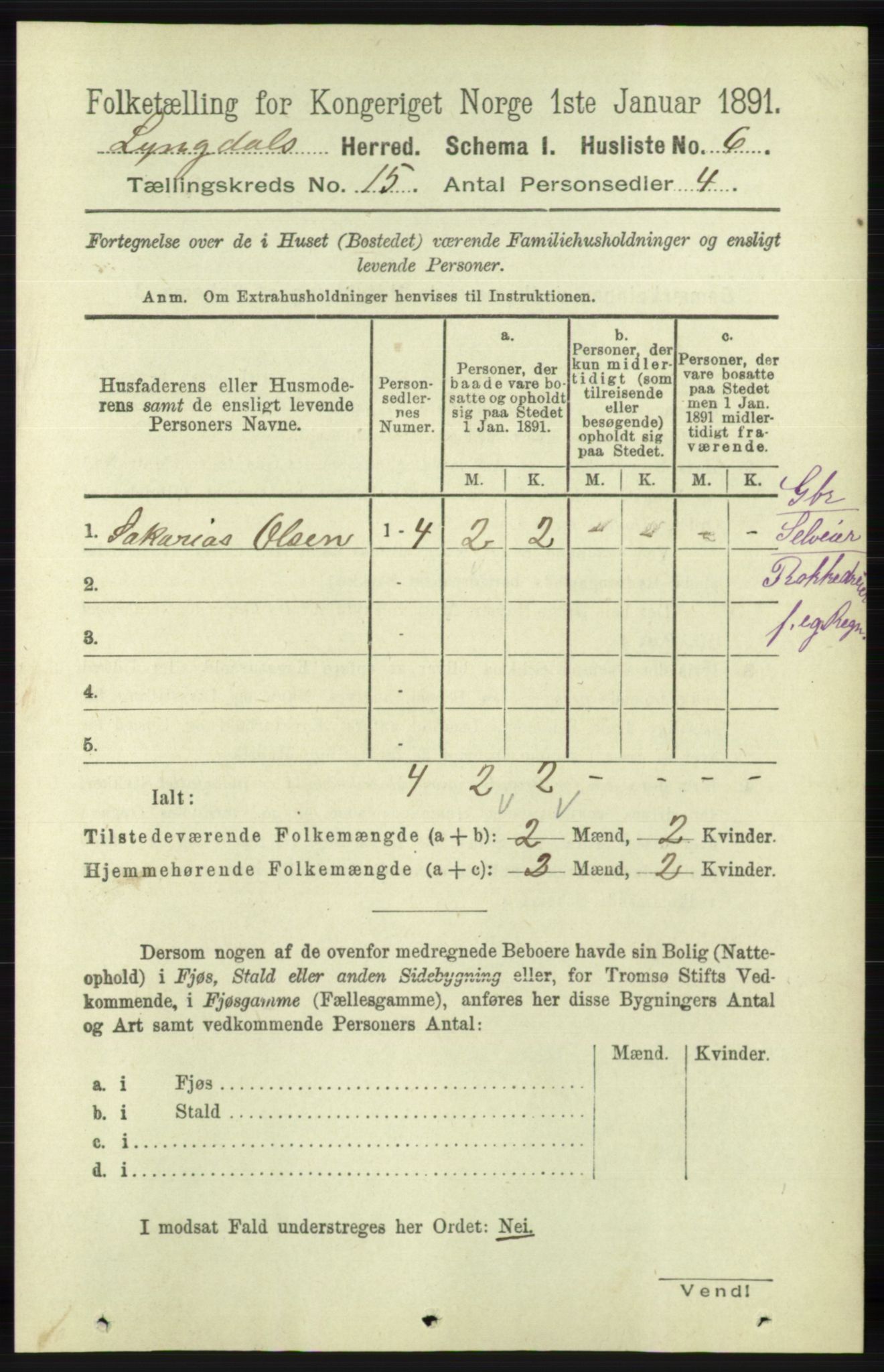 RA, 1891 census for 1032 Lyngdal, 1891, p. 6026