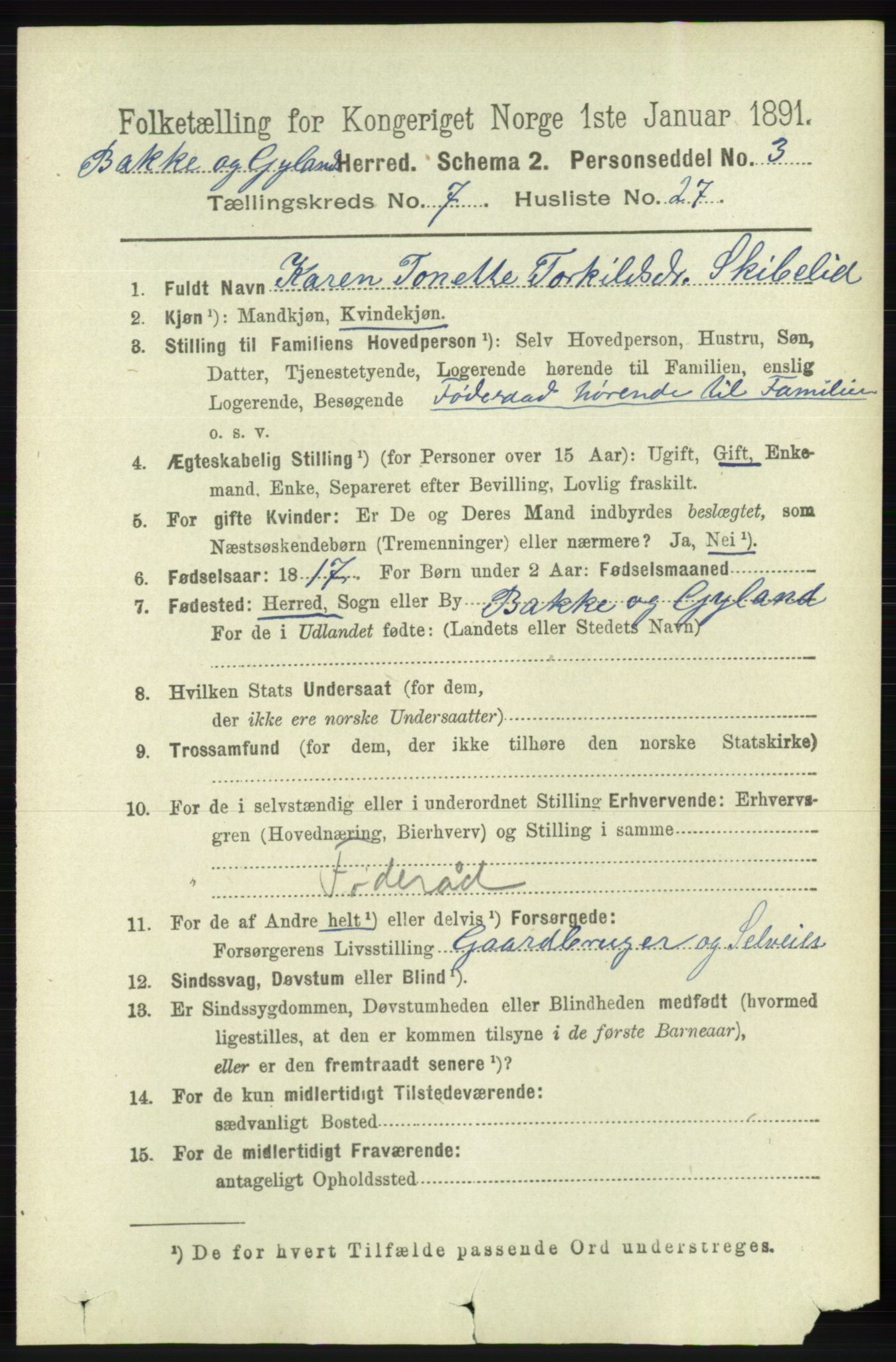 RA, 1891 census for 1045 Bakke, 1891, p. 1437