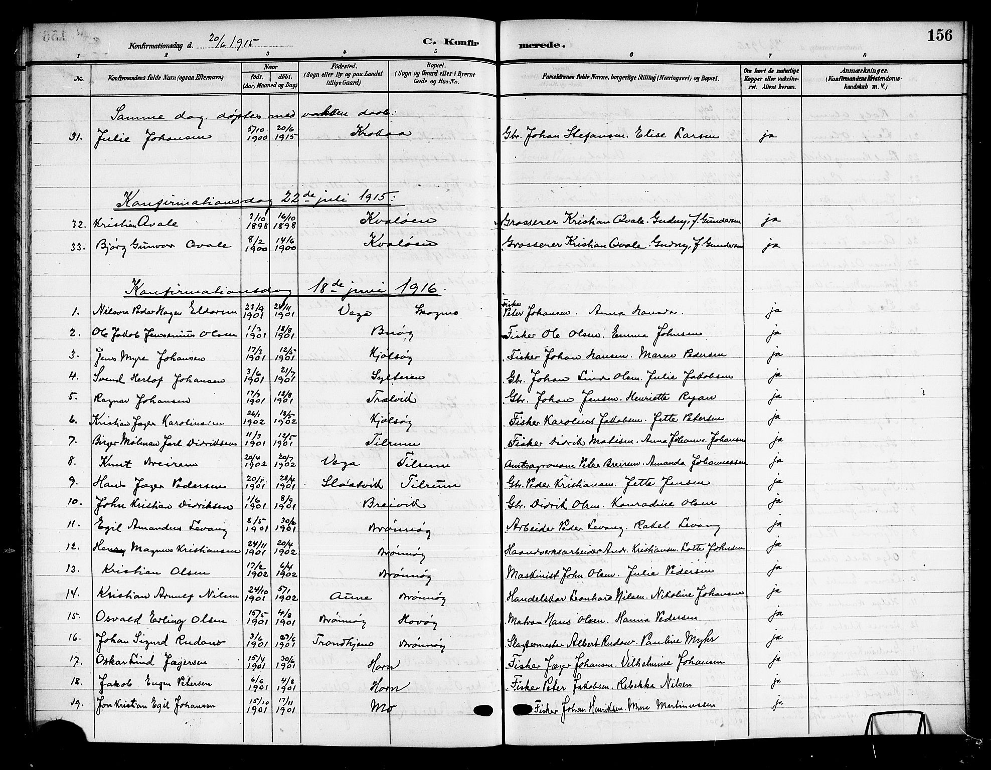 Ministerialprotokoller, klokkerbøker og fødselsregistre - Nordland, AV/SAT-A-1459/813/L0214: Parish register (copy) no. 813C06, 1904-1917, p. 156