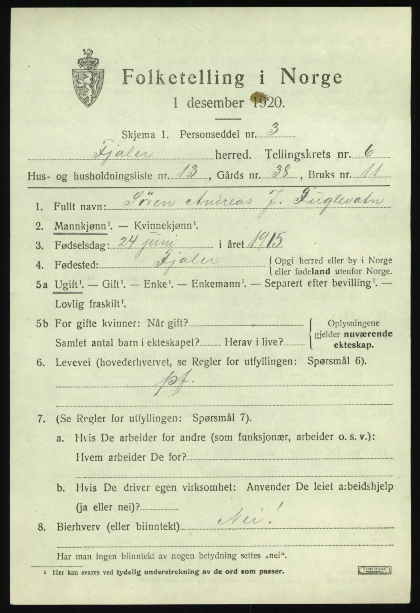 SAB, 1920 census for Fjaler, 1920, p. 3895