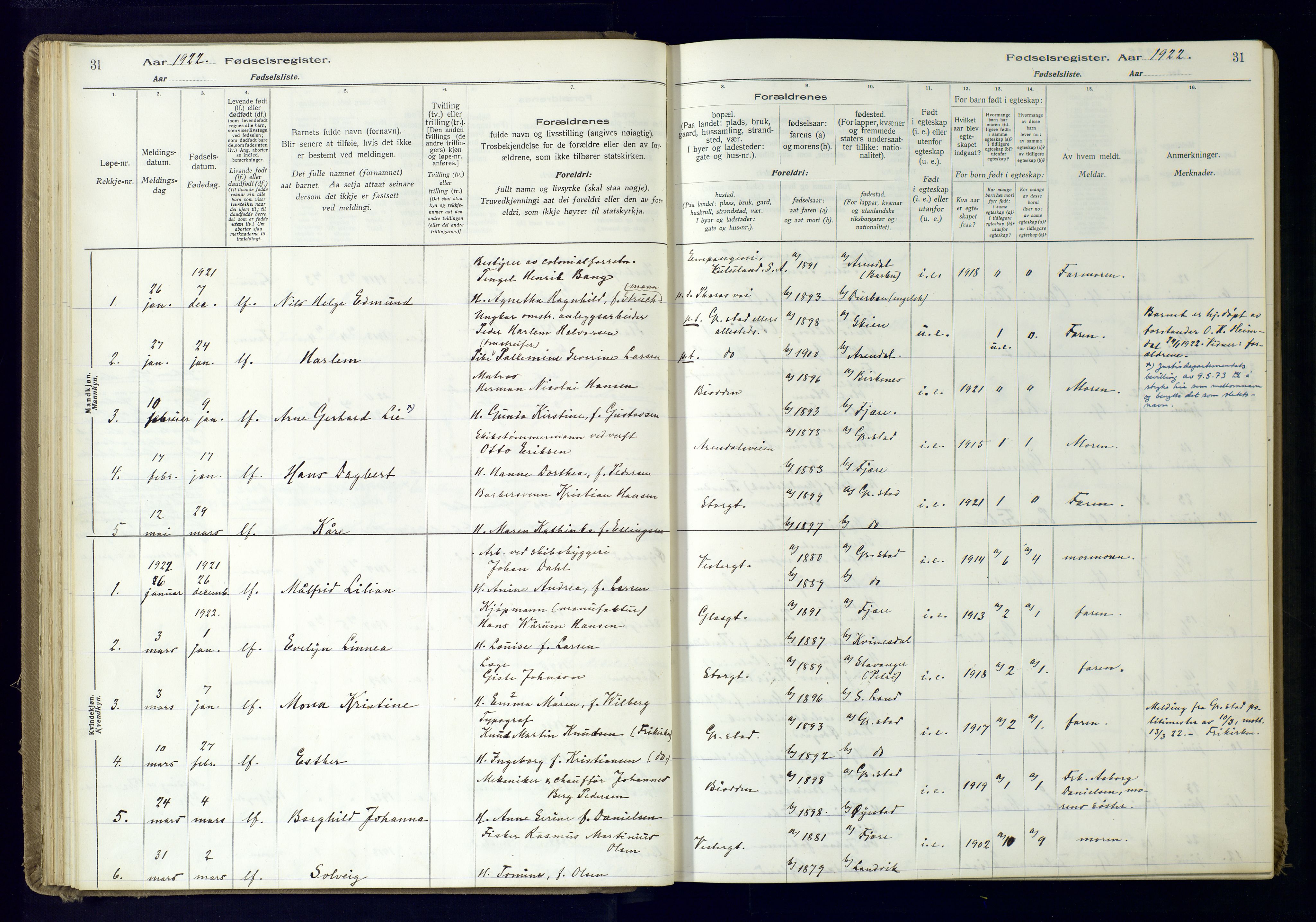Grimstad sokneprestkontor, AV/SAK-1111-0017/J/Ja/L0001: Birth register no. 1, 1916-1960, p. 31