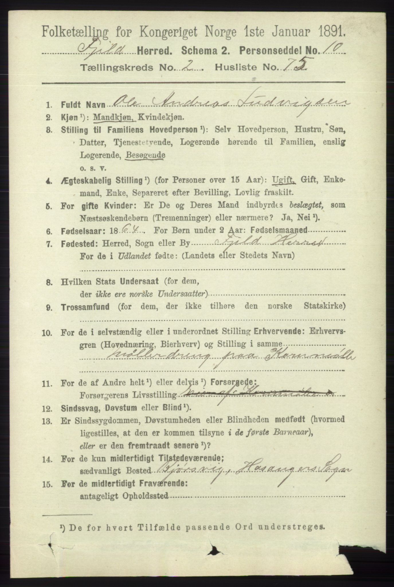 RA, 1891 census for 1246 Fjell, 1891, p. 1212