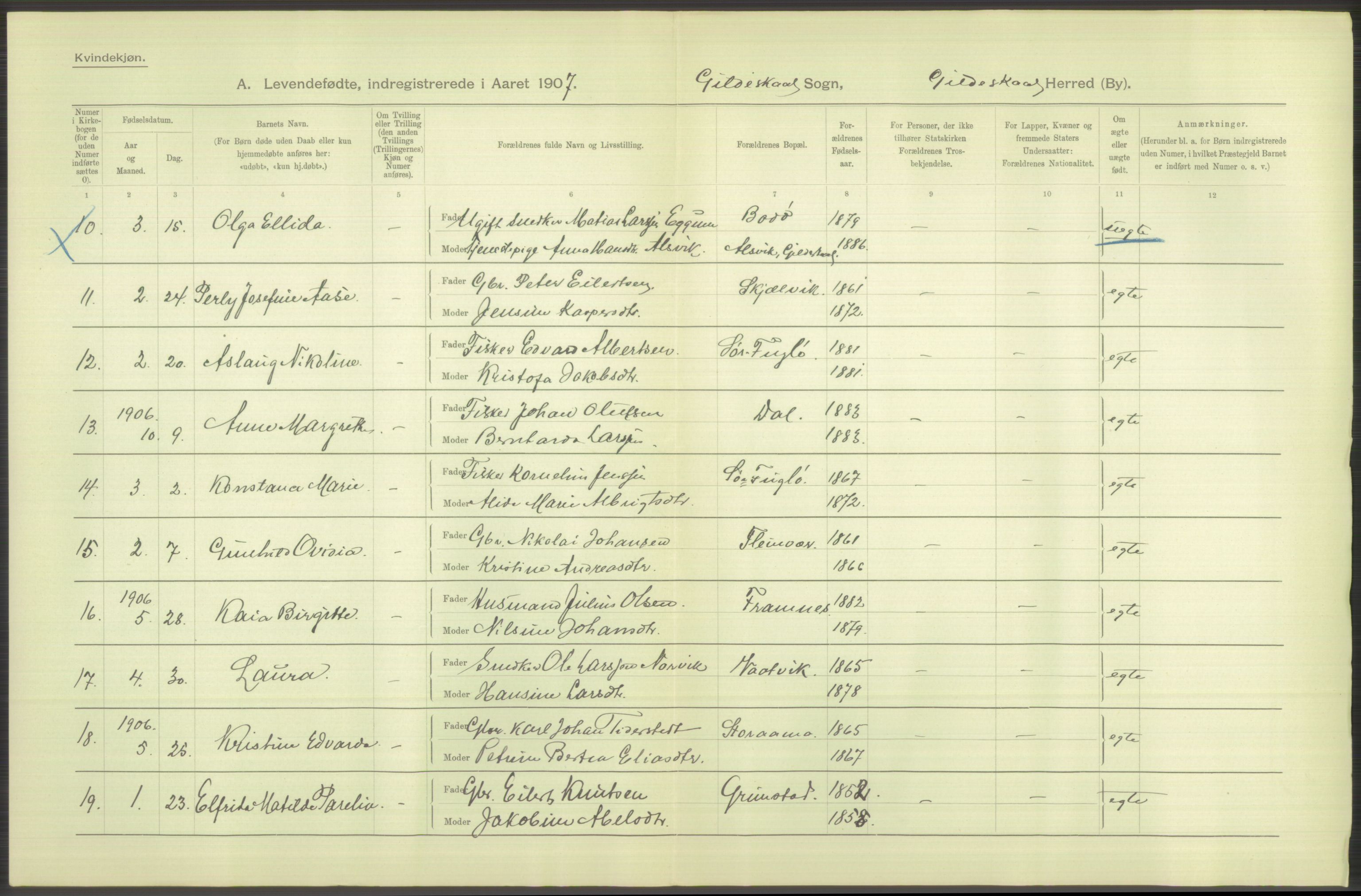 Statistisk sentralbyrå, Sosiodemografiske emner, Befolkning, AV/RA-S-2228/D/Df/Dfa/Dfae/L0043: Nordlands amt: Levendefødte menn og kvinner. Bygder., 1907, p. 396