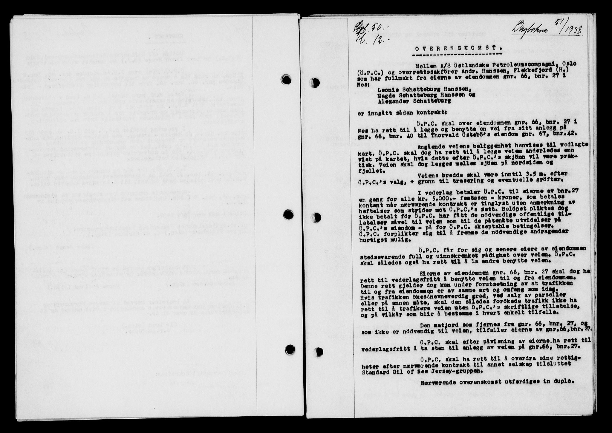 Flekkefjord sorenskriveri, SAK/1221-0001/G/Gb/Gba/L0054: Mortgage book no. A-2, 1937-1938, Diary no: : 51/1938