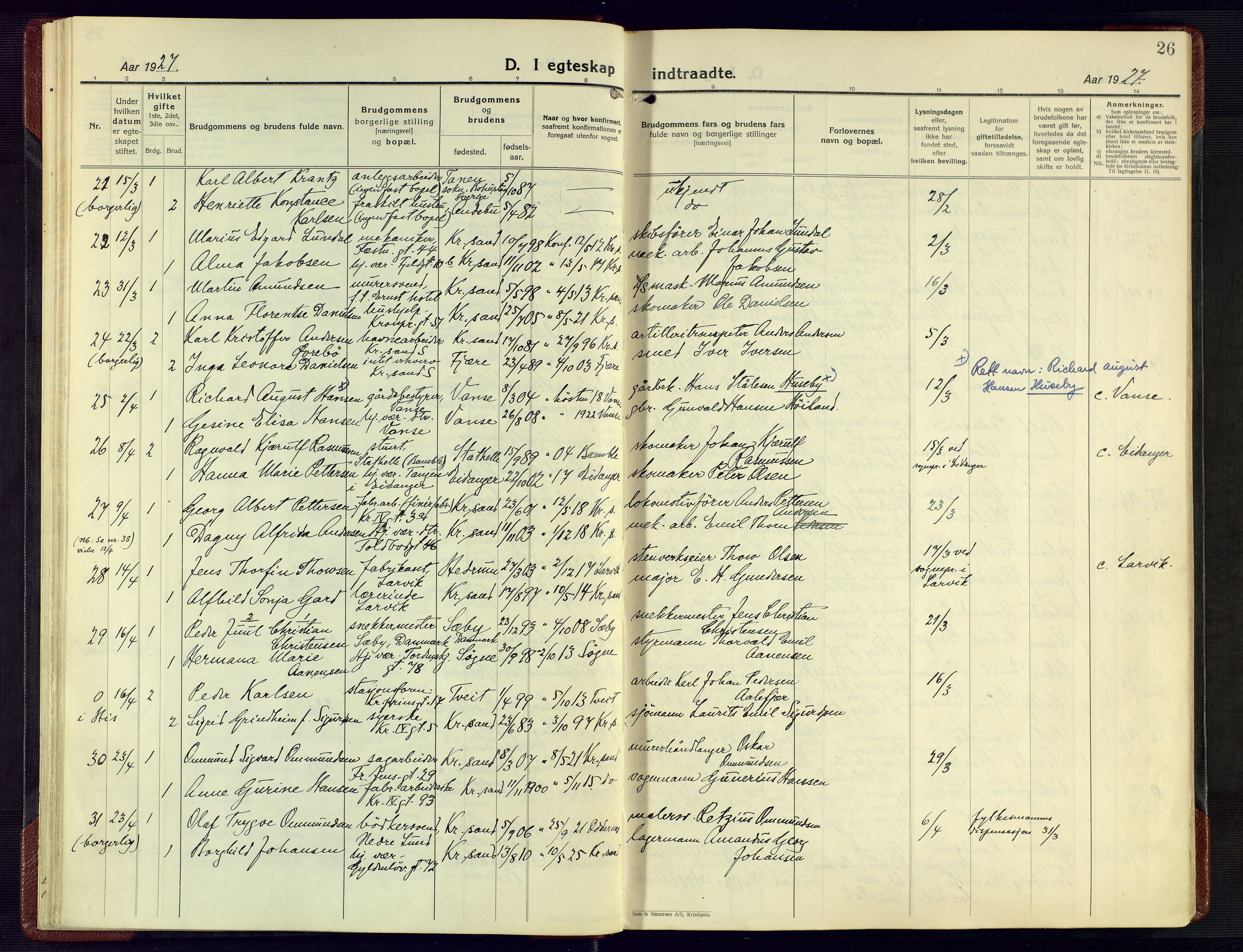 Kristiansand domprosti, SAK/1112-0006/F/Fa/L0029: Parish register (official) no. A 28, 1925-1936, p. 26