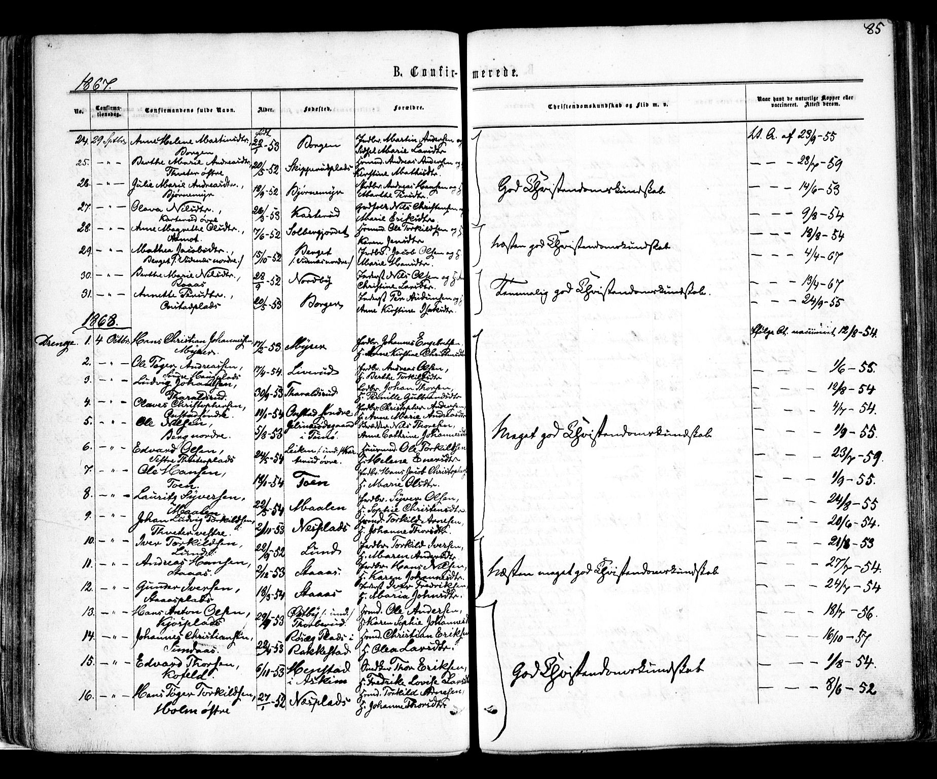 Skiptvet prestekontor Kirkebøker, SAO/A-20009/F/Fa/L0008: Parish register (official) no. 8, 1867-1877, p. 85
