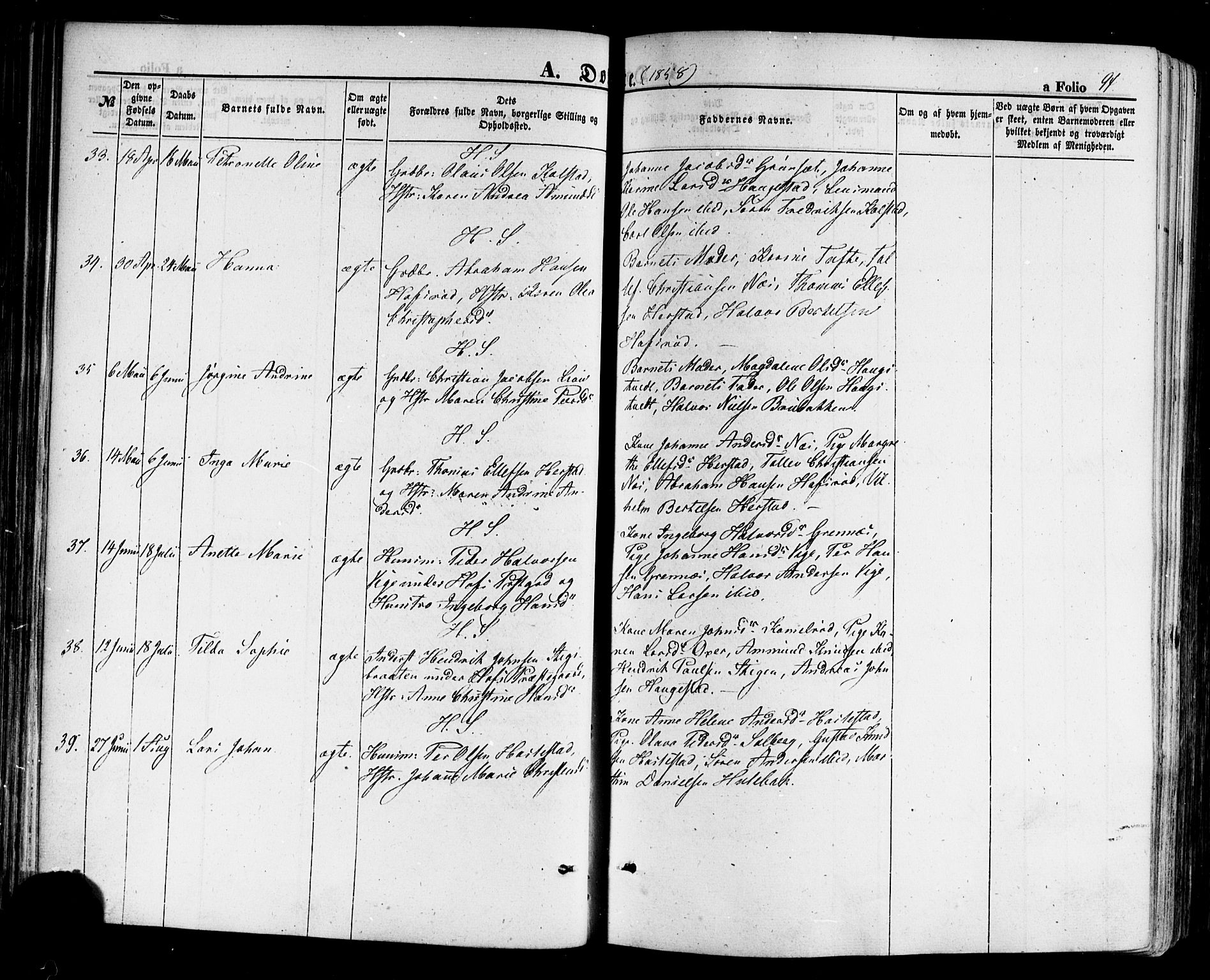 Hof kirkebøker, AV/SAKO-A-64/F/Fa/L0006: Parish register (official) no. I 6, 1851-1877, p. 94