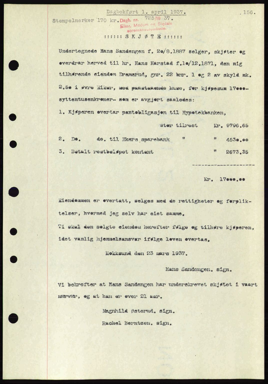 Eiker, Modum og Sigdal sorenskriveri, SAKO/A-123/G/Ga/Gab/L0035: Mortgage book no. A5, 1937-1937, Diary no: : 725/1937