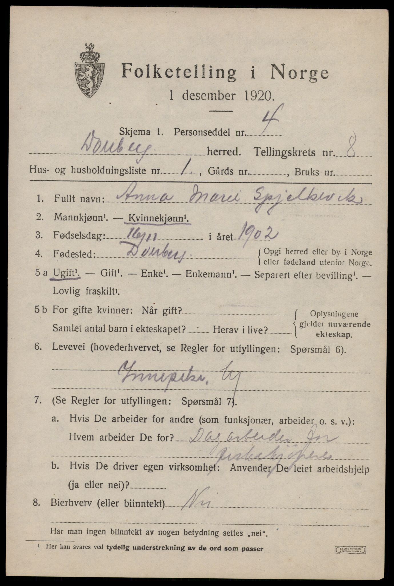 SAT, 1920 census for Dverberg, 1920, p. 7118