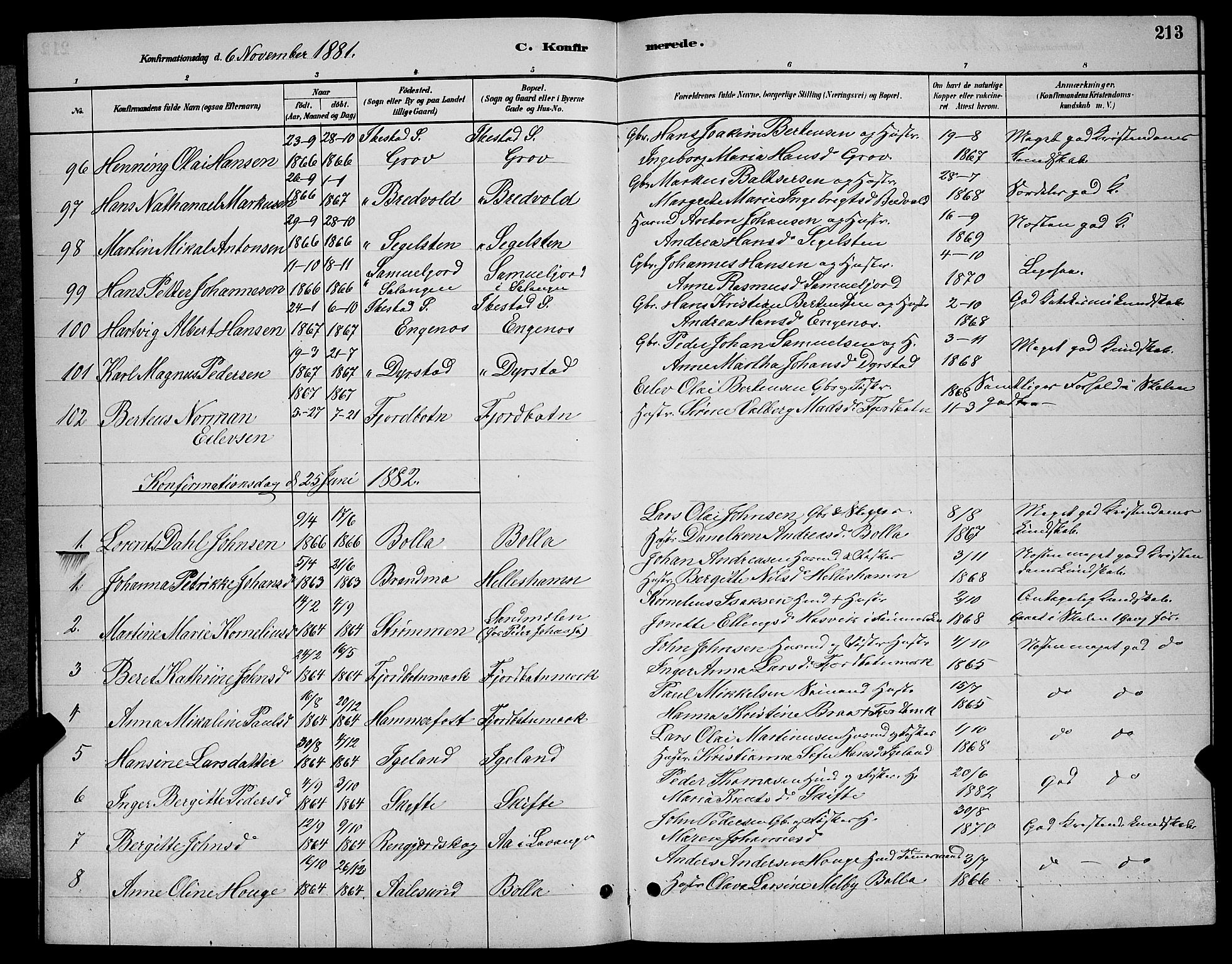 Ibestad sokneprestembete, AV/SATØ-S-0077/H/Ha/Hab/L0007klokker: Parish register (copy) no. 7, 1879-1889, p. 213