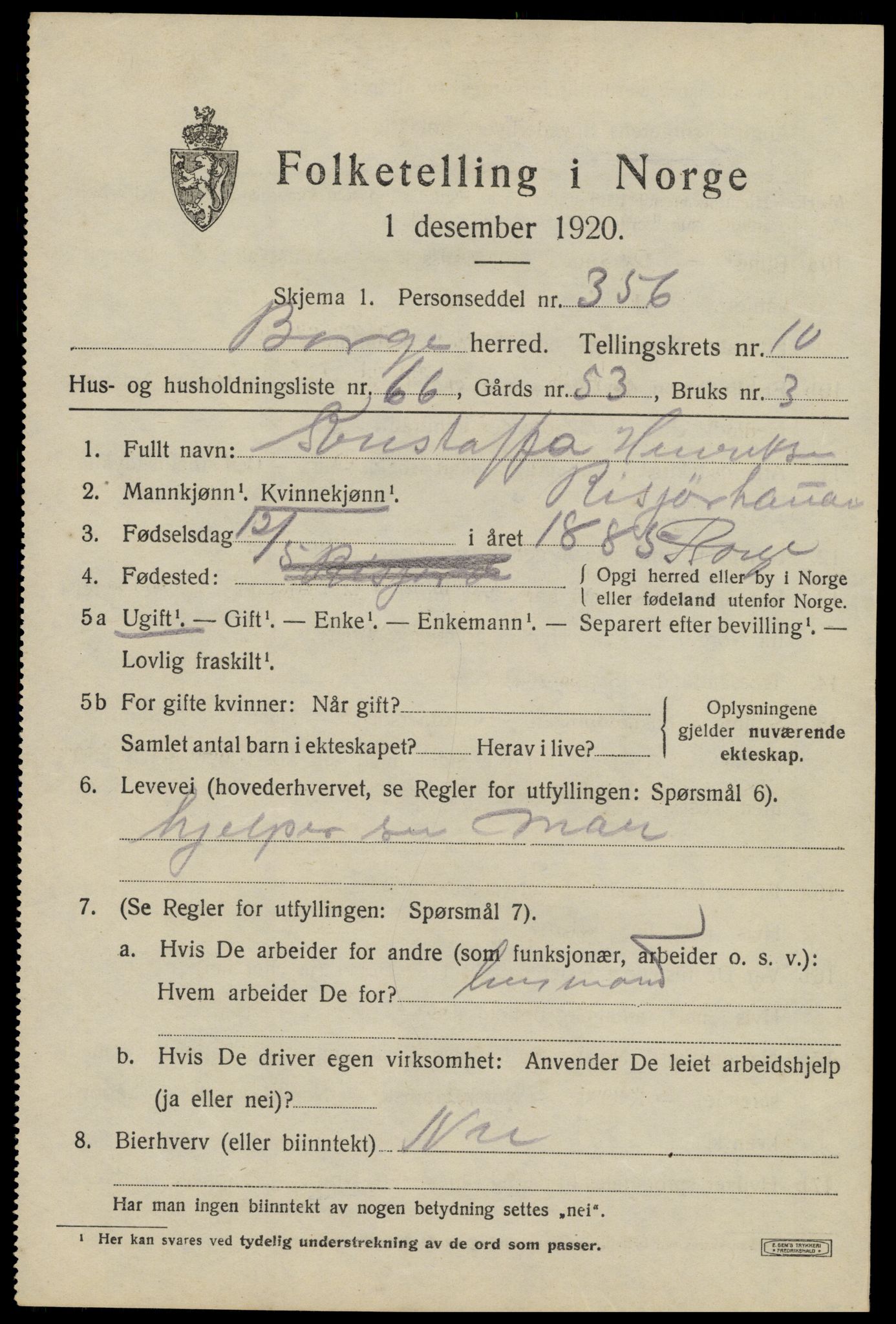 SAT, 1920 census for Borge, 1920, p. 9411