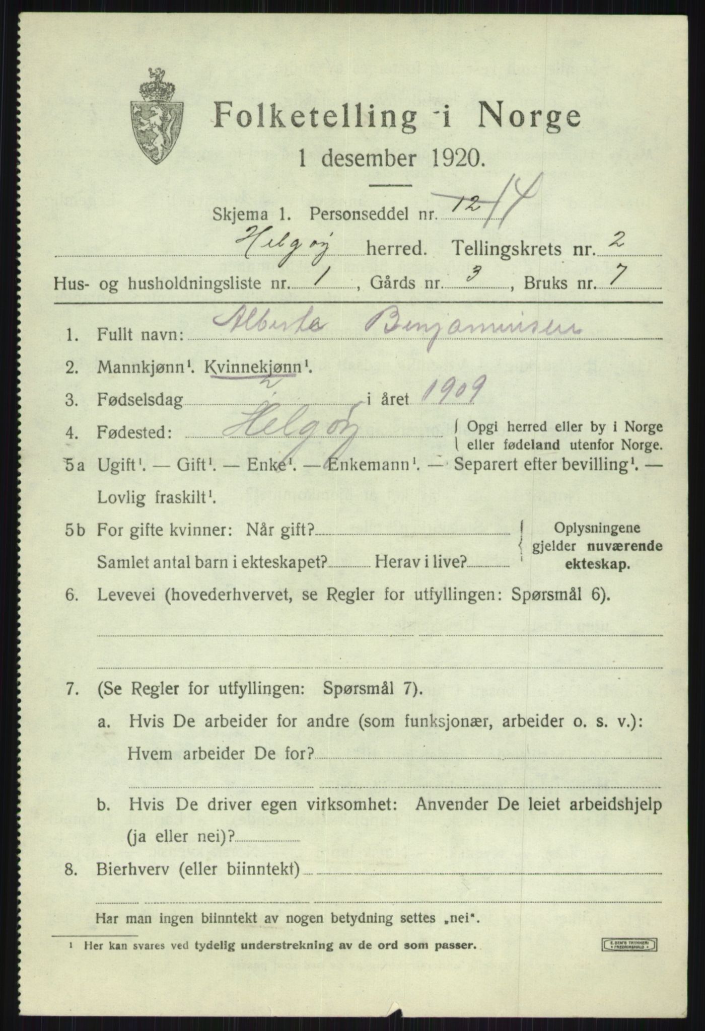 SATØ, 1920 census for Helgøy, 1920, p. 1143