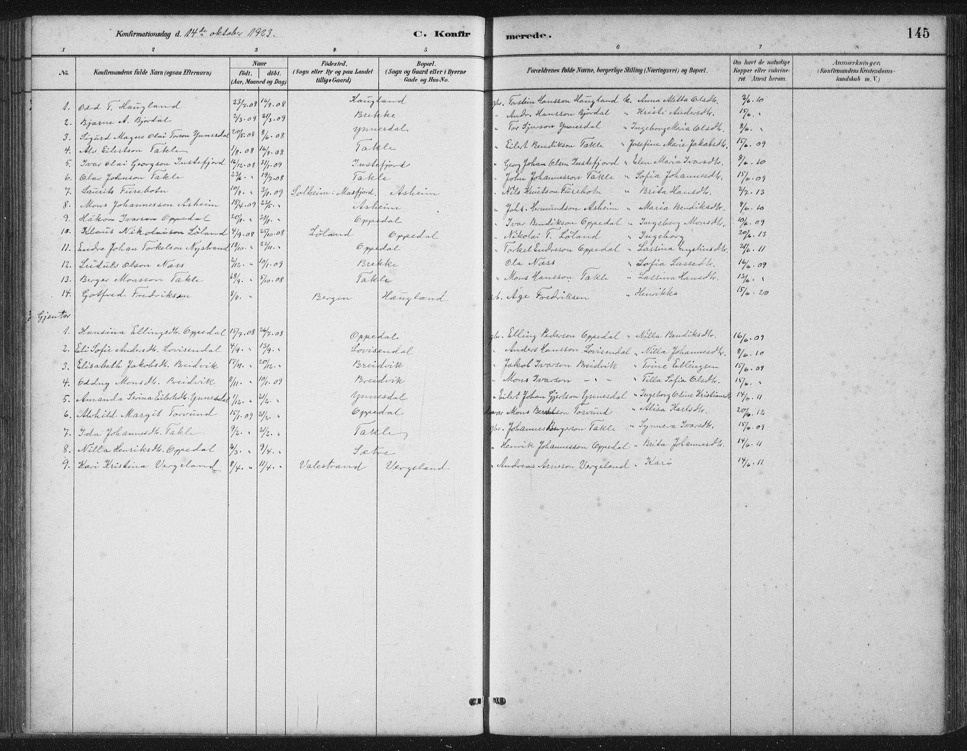 Gulen sokneprestembete, AV/SAB-A-80201/H/Hab/Habc/L0002: Parish register (copy) no. C 2, 1880-1938, p. 145