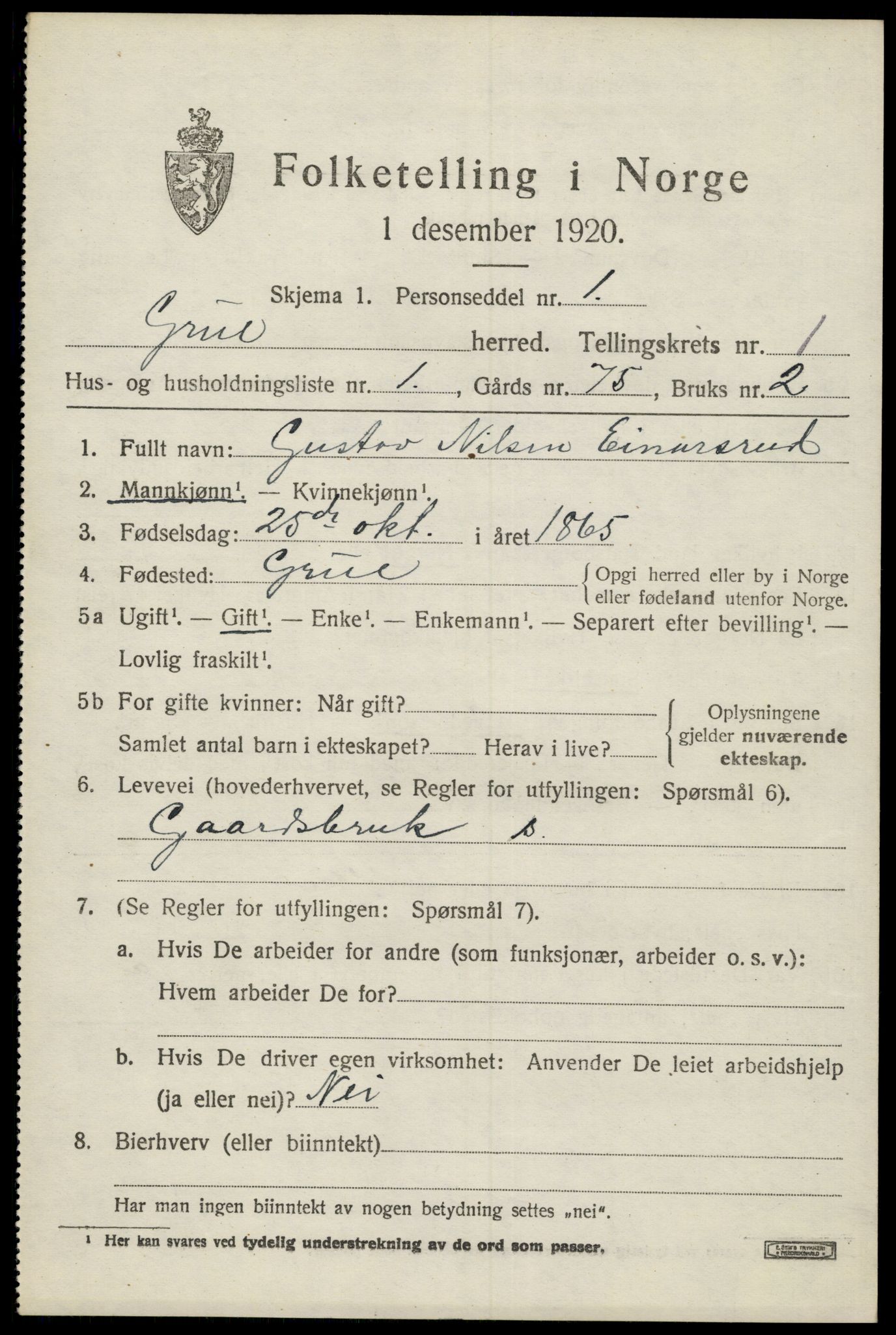 SAH, 1920 census for Grue, 1920, p. 2479