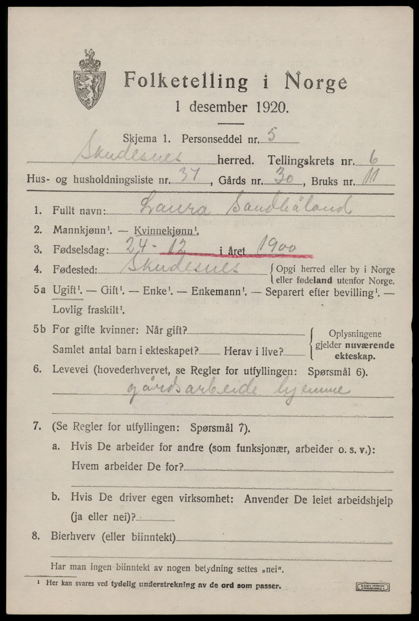 SAST, 1920 census for Skudenes, 1920, p. 5412