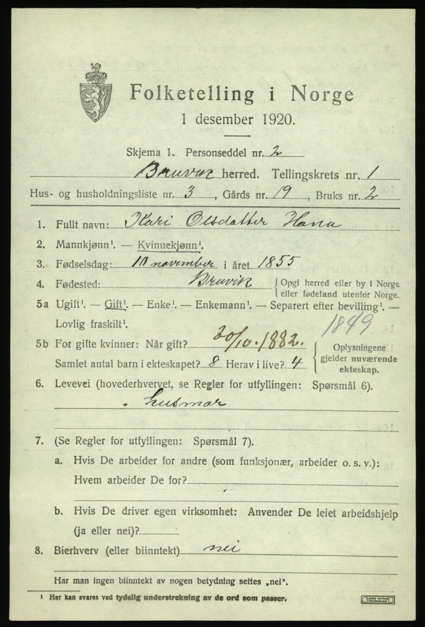 SAB, 1920 census for Bruvik, 1920, p. 1128