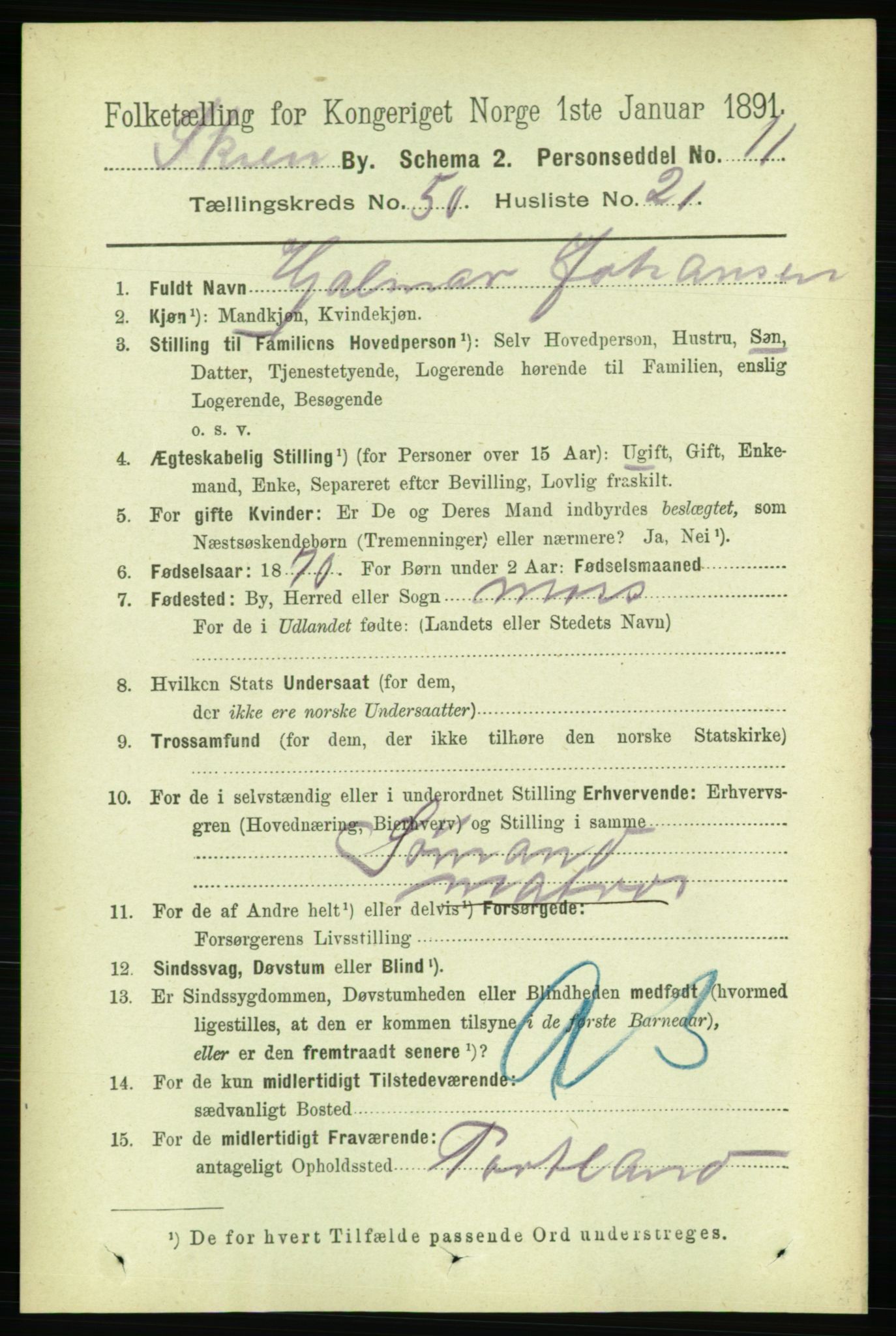 RA, 1891 census for 0806 Skien, 1891, p. 10984