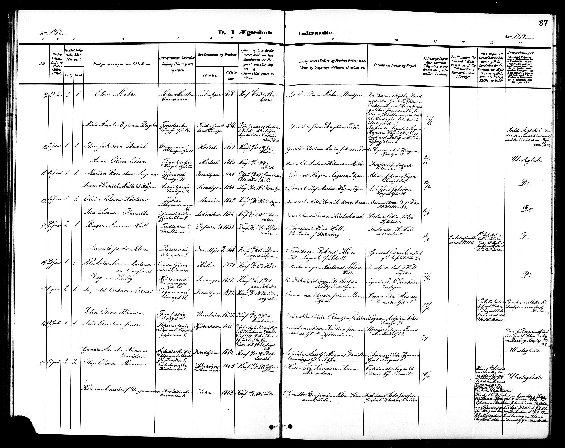 Ministerialprotokoller, klokkerbøker og fødselsregistre - Sør-Trøndelag, AV/SAT-A-1456/602/L0145: Parish register (copy) no. 602C13, 1902-1919, p. 37