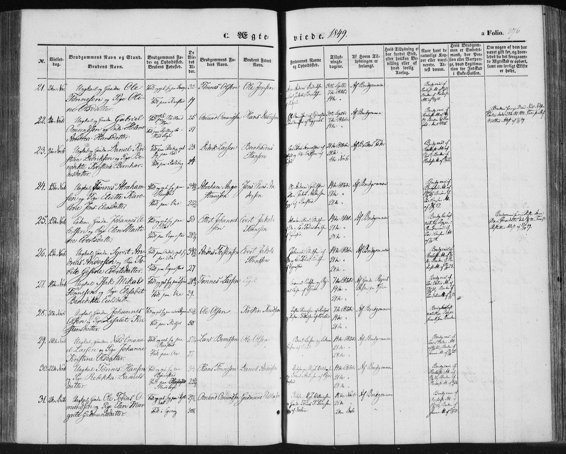 Lista sokneprestkontor, AV/SAK-1111-0027/F/Fa/L0010: Parish register (official) no. A 10, 1846-1861, p. 276