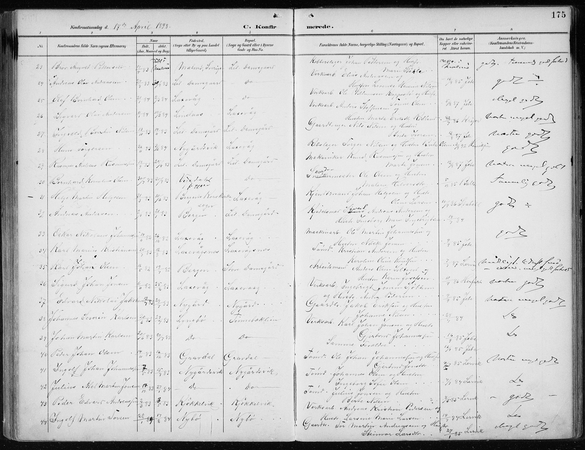 Askøy Sokneprestembete, SAB/A-74101/H/Ha/Haa/Haae/L0003: Parish register (official) no. E 3, 1891-1903, p. 175