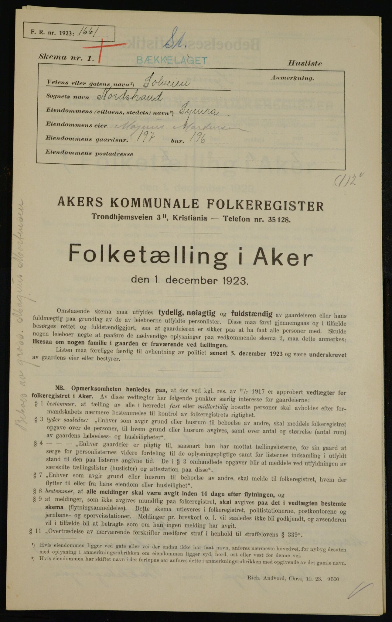 , Municipal Census 1923 for Aker, 1923, p. 46076