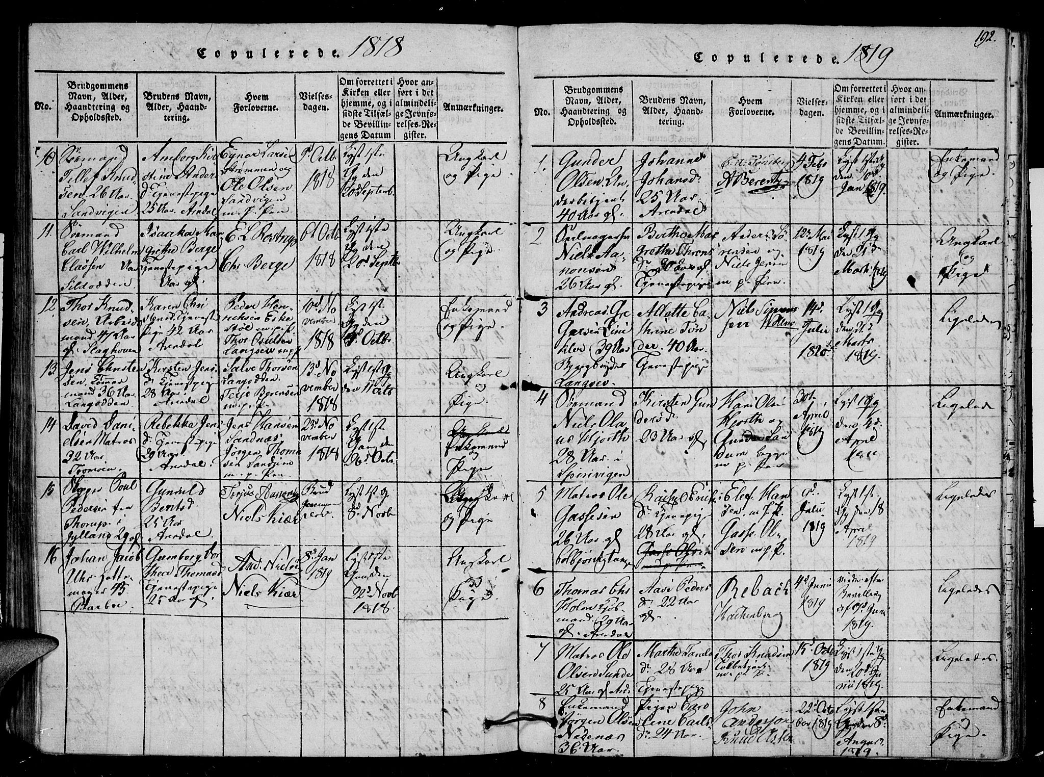 Arendal sokneprestkontor, Trefoldighet, SAK/1111-0040/F/Fb/L0001: Parish register (copy) no. B 1, 1816-1838, p. 192
