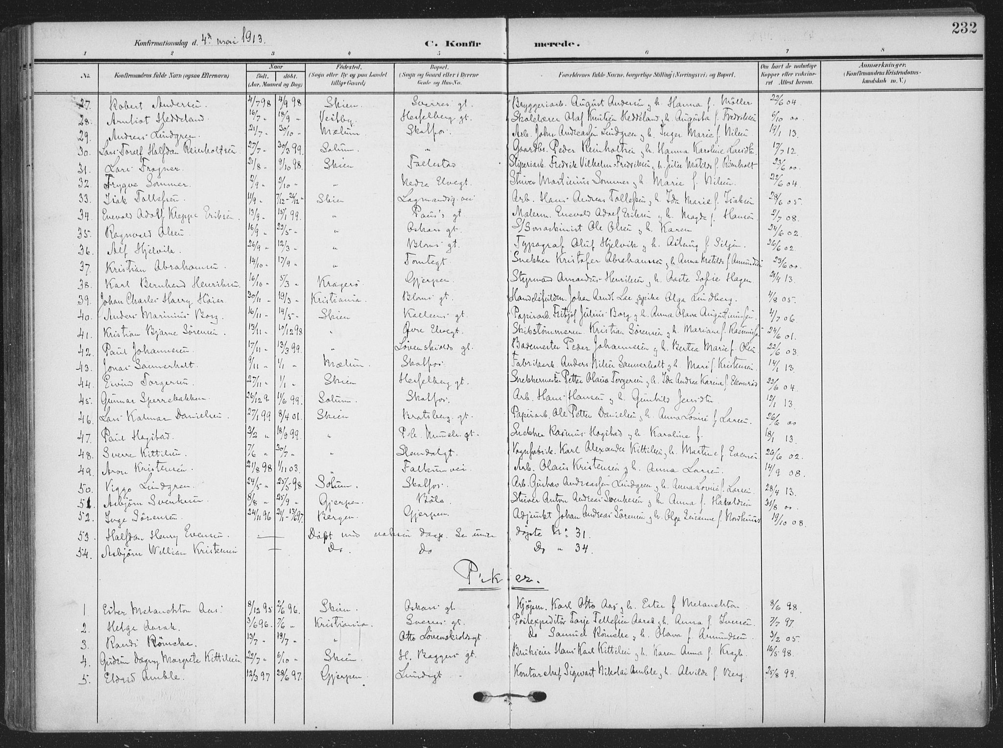 Skien kirkebøker, SAKO/A-302/F/Fa/L0012: Parish register (official) no. 12, 1908-1914, p. 232