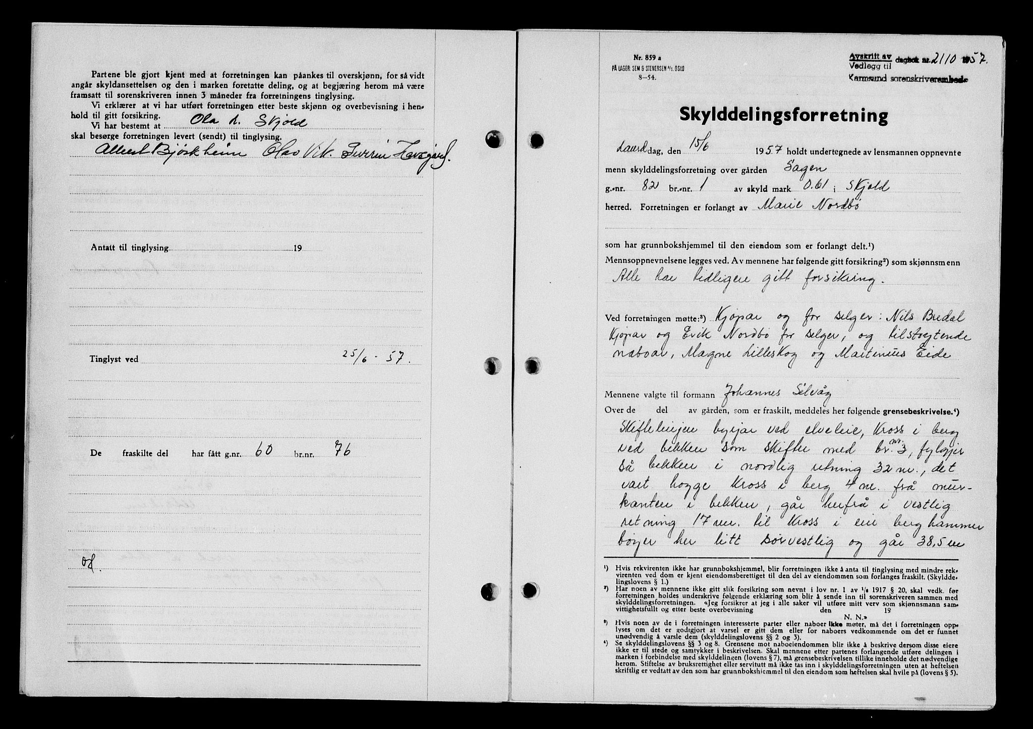 Karmsund sorenskriveri, AV/SAST-A-100311/01/II/IIB/L0125: Mortgage book no. 105A, 1957-1957, Diary no: : 2110/1957