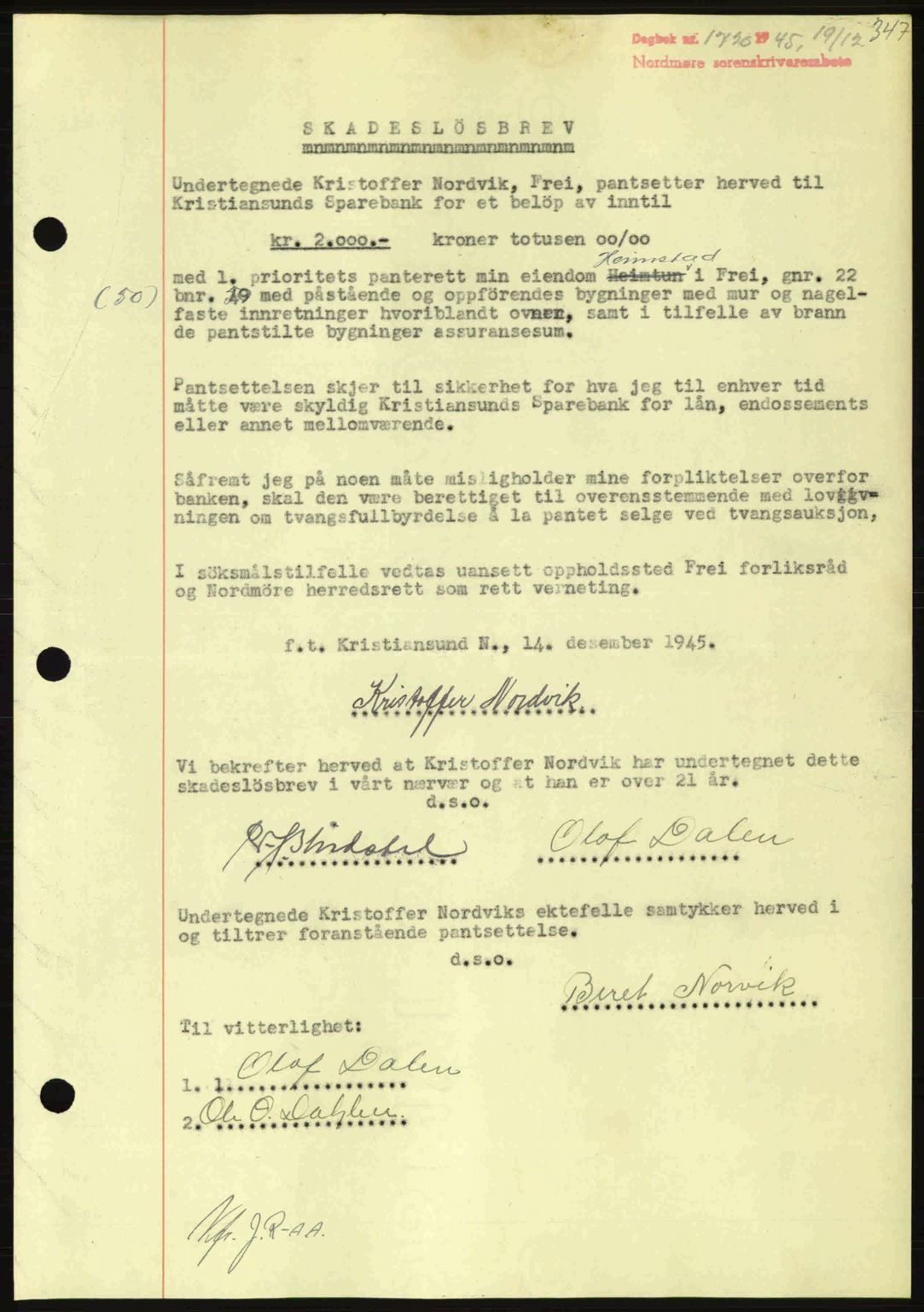 Nordmøre sorenskriveri, AV/SAT-A-4132/1/2/2Ca: Mortgage book no. B93a, 1945-1945, Diary no: : 1720/1945