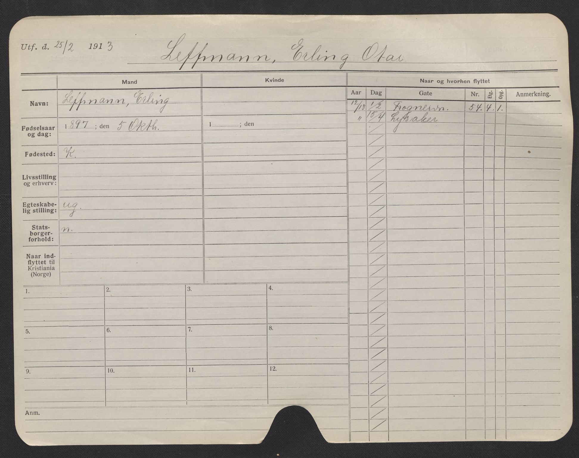 Oslo folkeregister, Registerkort, AV/SAO-A-11715/F/Fa/Fac/L0007: Menn, 1906-1914, p. 32a