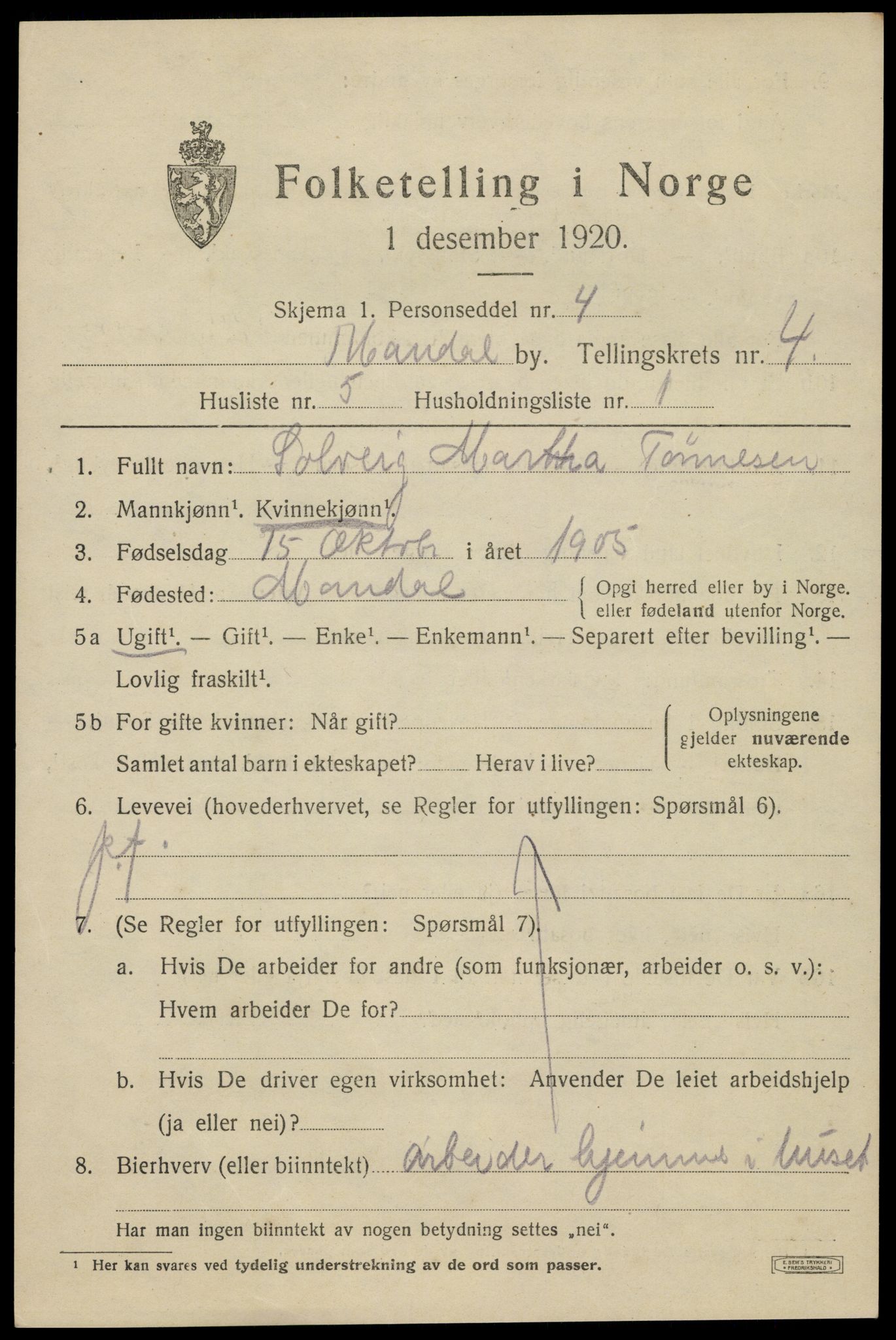 SAK, 1920 census for Mandal, 1920, p. 7075