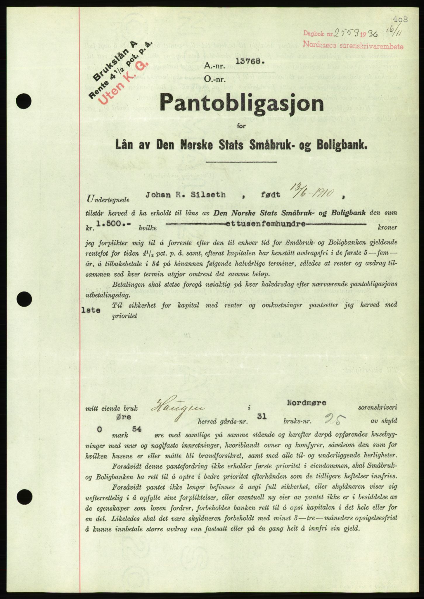 Nordmøre sorenskriveri, AV/SAT-A-4132/1/2/2Ca/L0090: Mortgage book no. B80, 1936-1937, Diary no: : 2553/1936