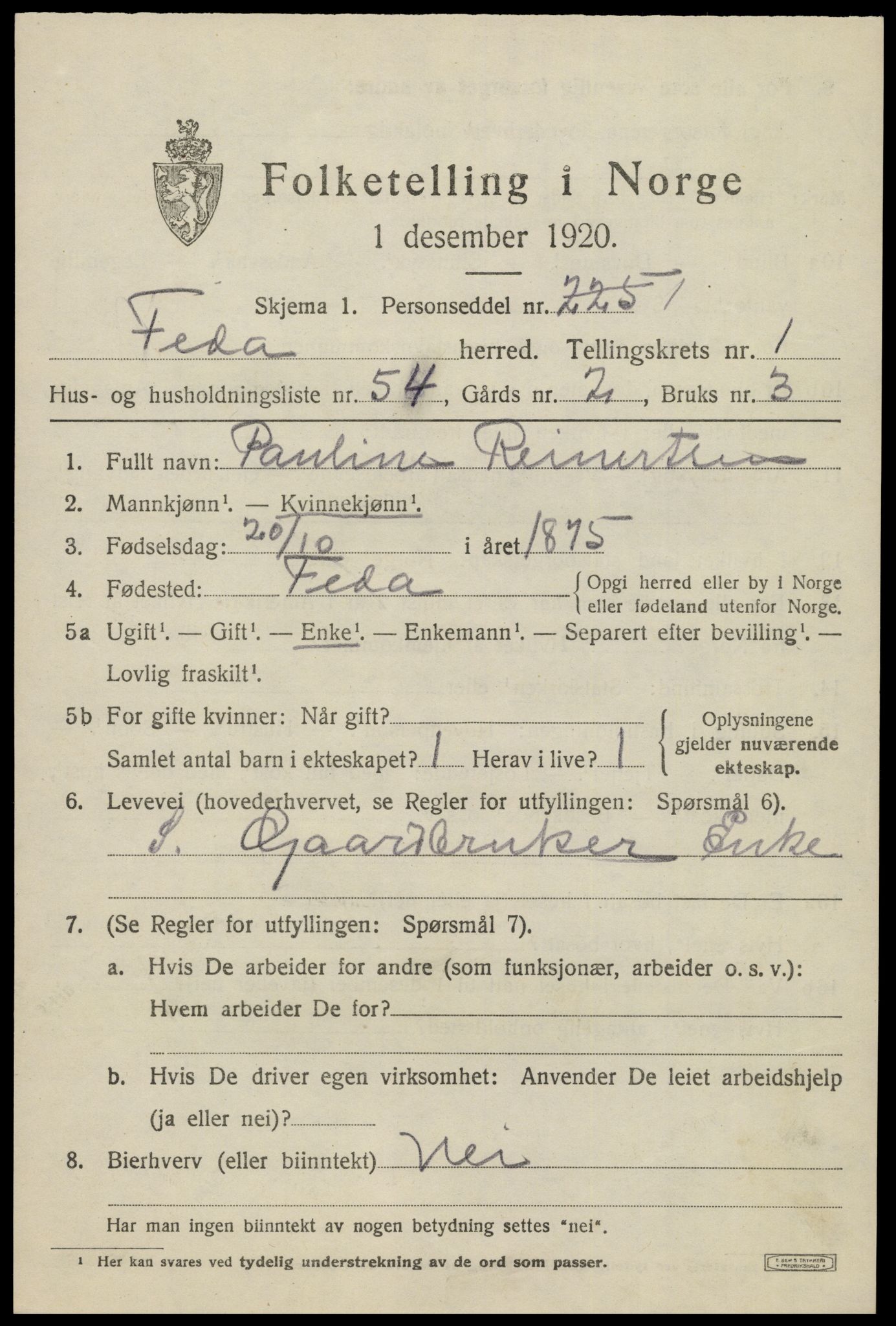 SAK, 1920 census for Feda, 1920, p. 905