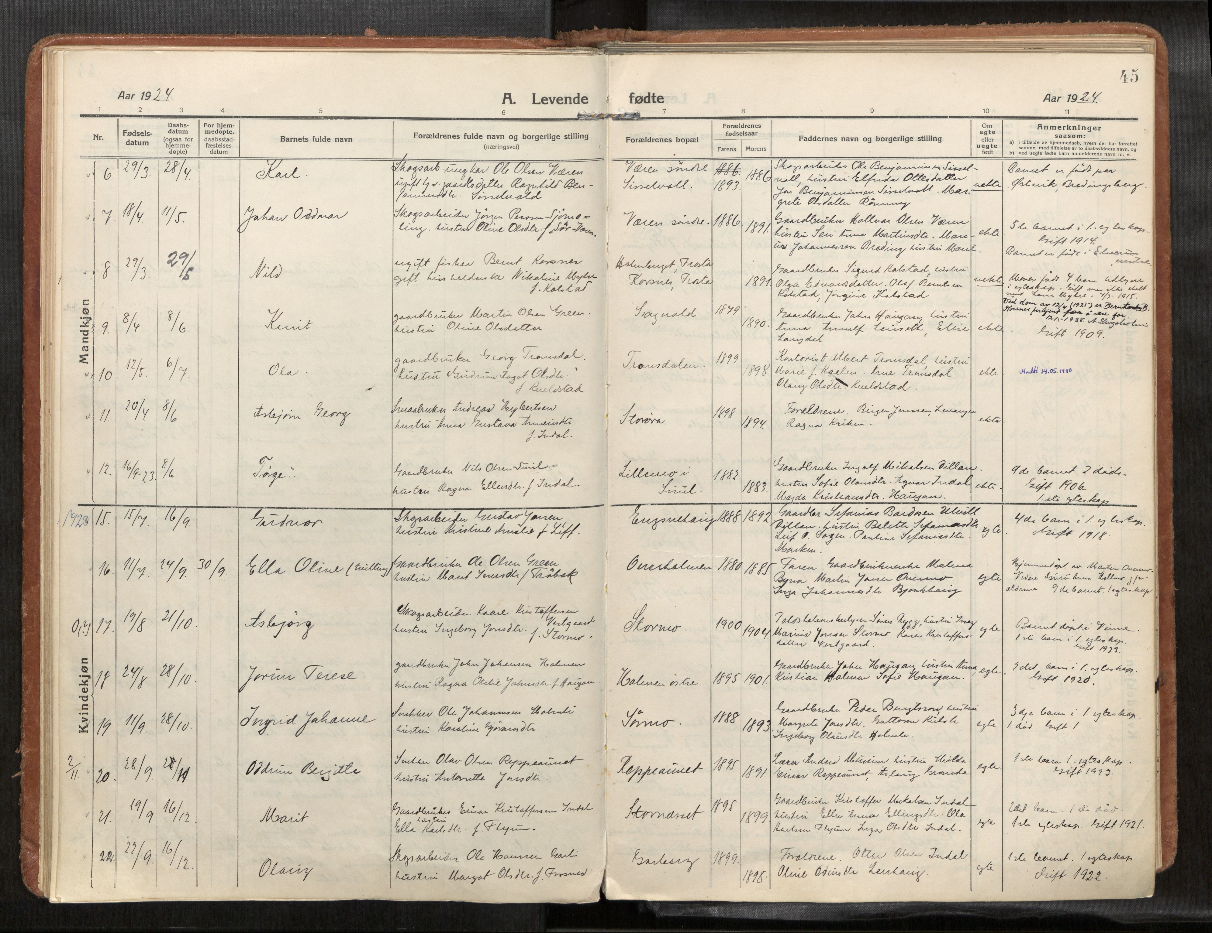 Verdal sokneprestkontor, SAT/A-1156/2/H/Haa/L0004: Parish register (official) no. 4, 1916-1928, p. 45