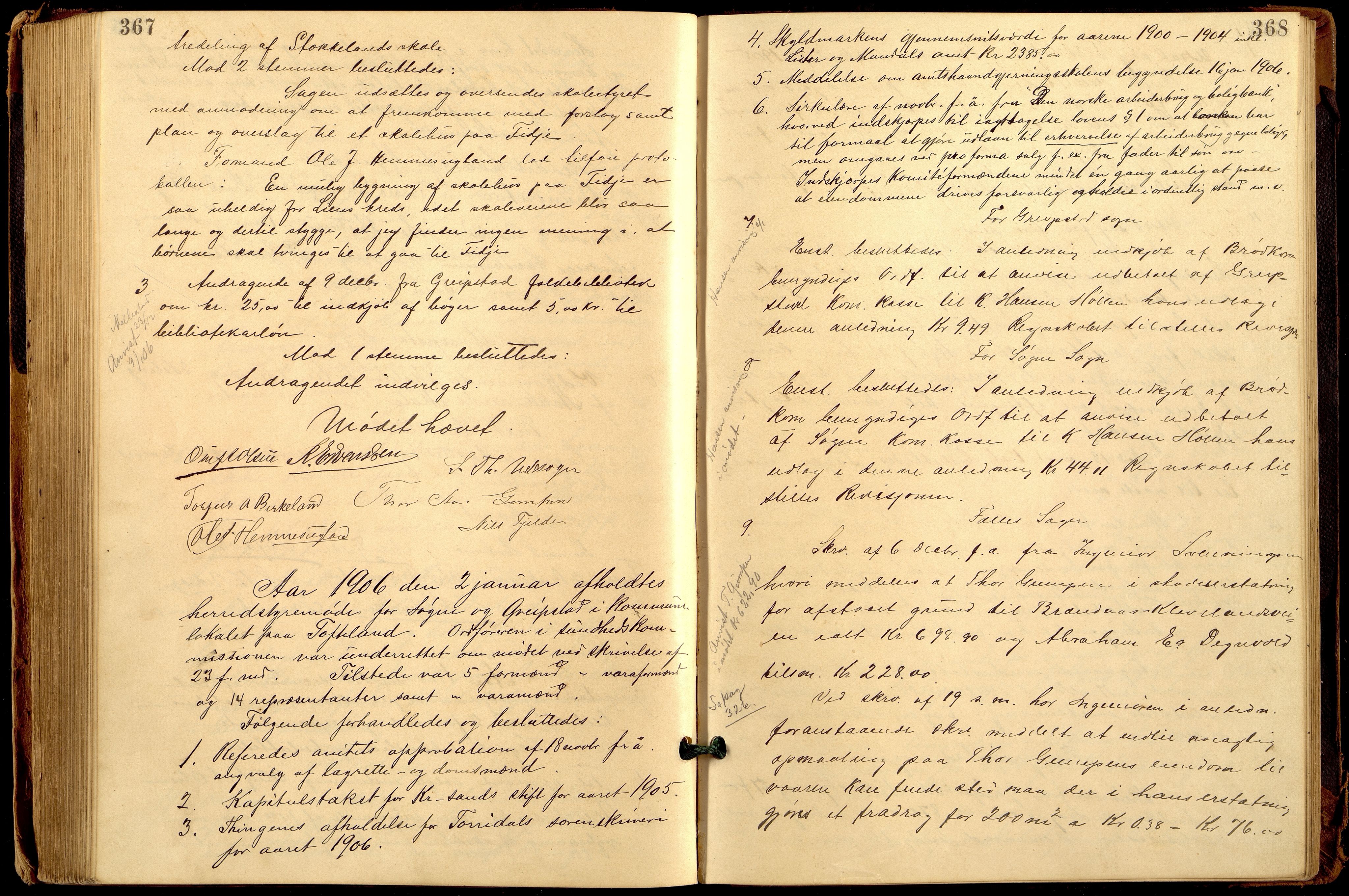 Søgne og Greipstad kommune - Formannskapet, IKAV/1018SG120/A/L0006: Møtebok (d), 1901-1909, p. 367-368