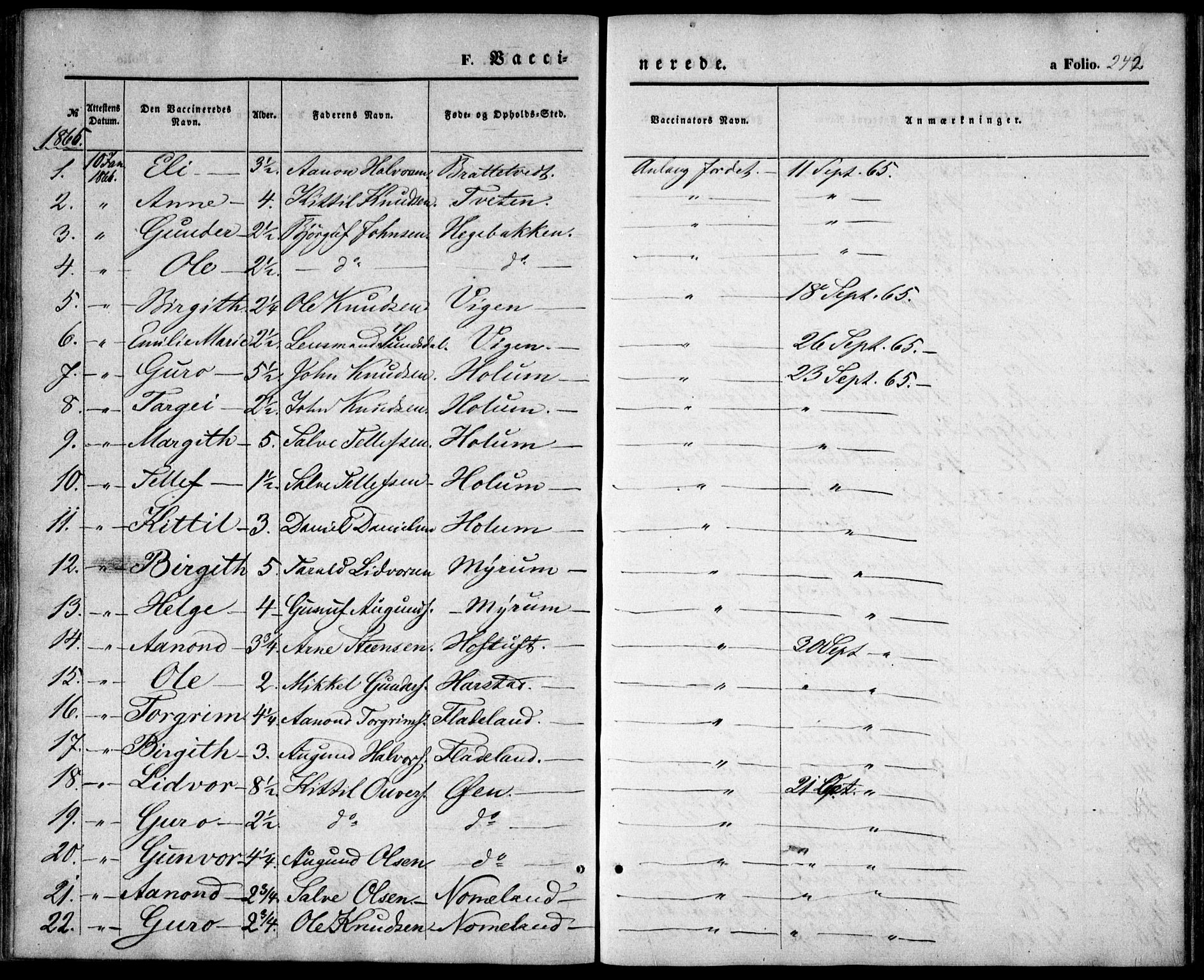 Valle sokneprestkontor, SAK/1111-0044/F/Fa/Fac/L0007: Parish register (official) no. A 7, 1854-1868, p. 242